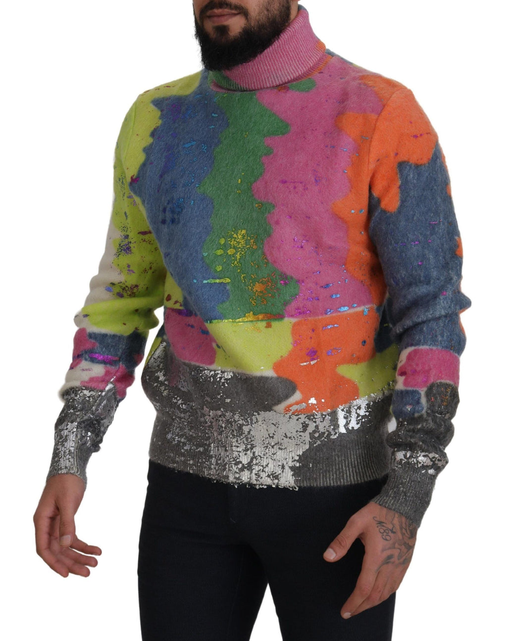 Pull en maille Dolce & Gabbana en mohair multicolore avec col roulé, détail coloré et texture douce visible sur le pull.