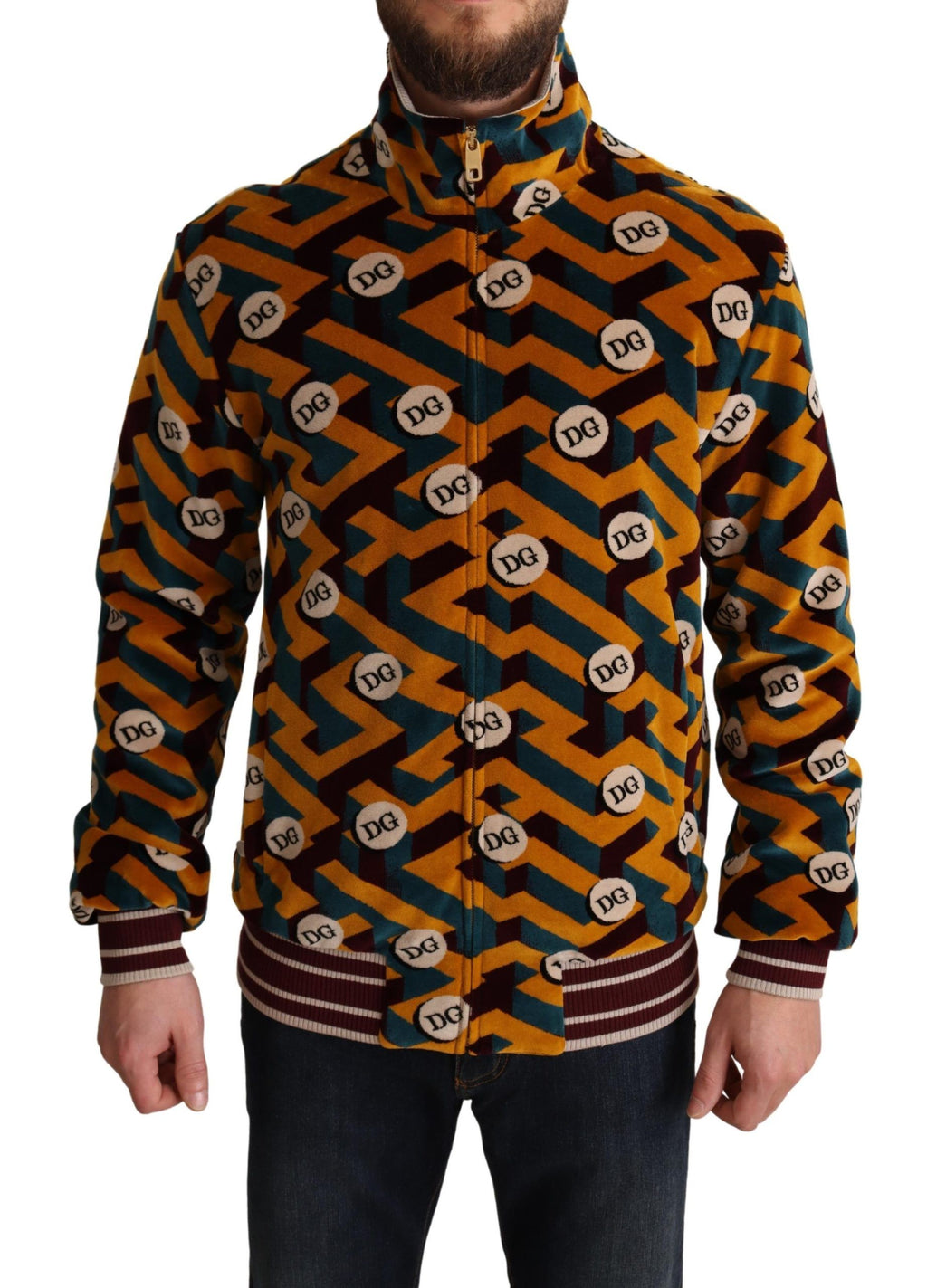 Sweat-shirt homme Dolce & Gabbana en velours multicolore avec logo DG, style élégant et moderne.