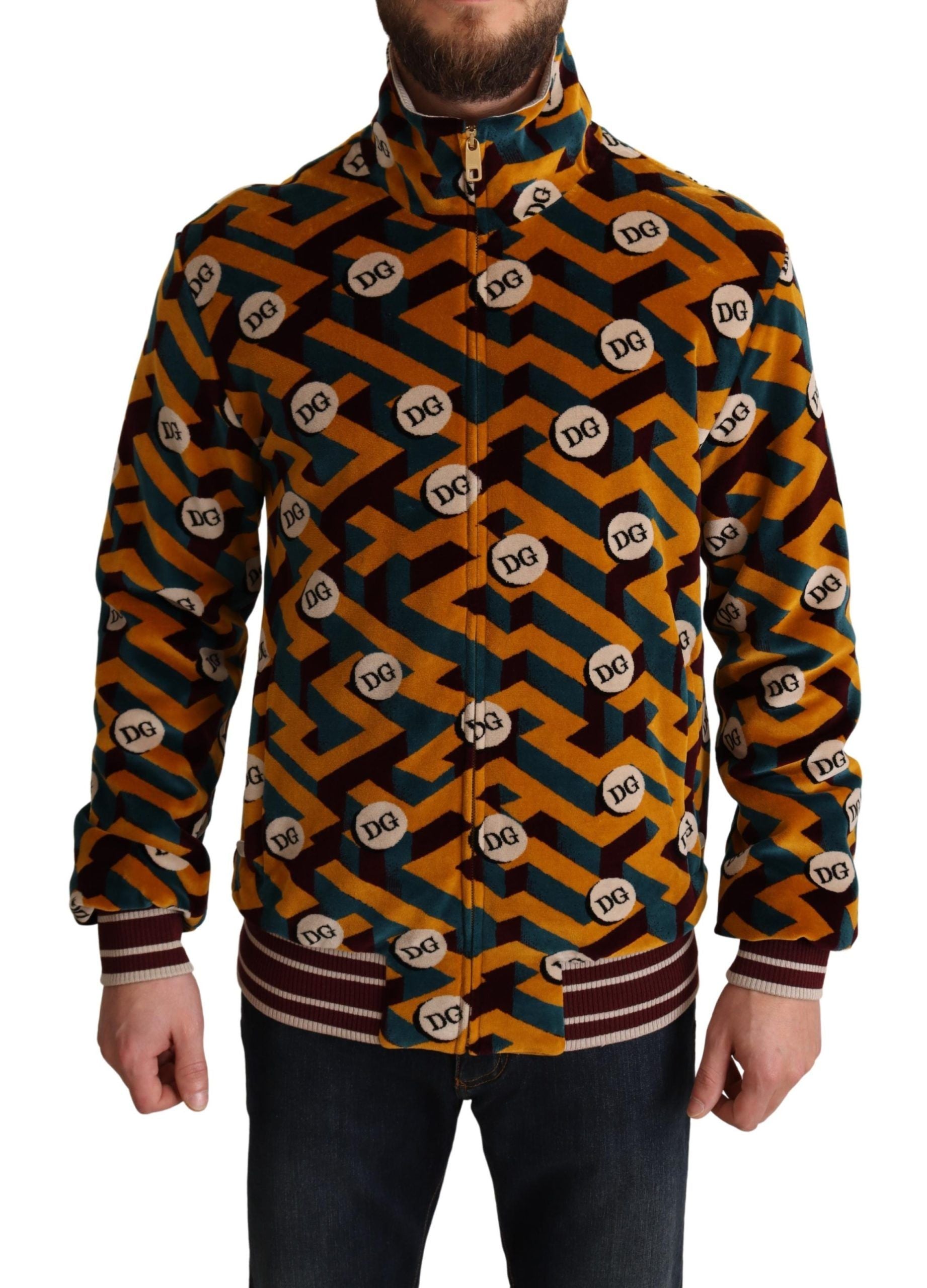 Sweat-shirt homme Dolce & Gabbana en velours multicolore avec logo DG, style élégant et moderne.