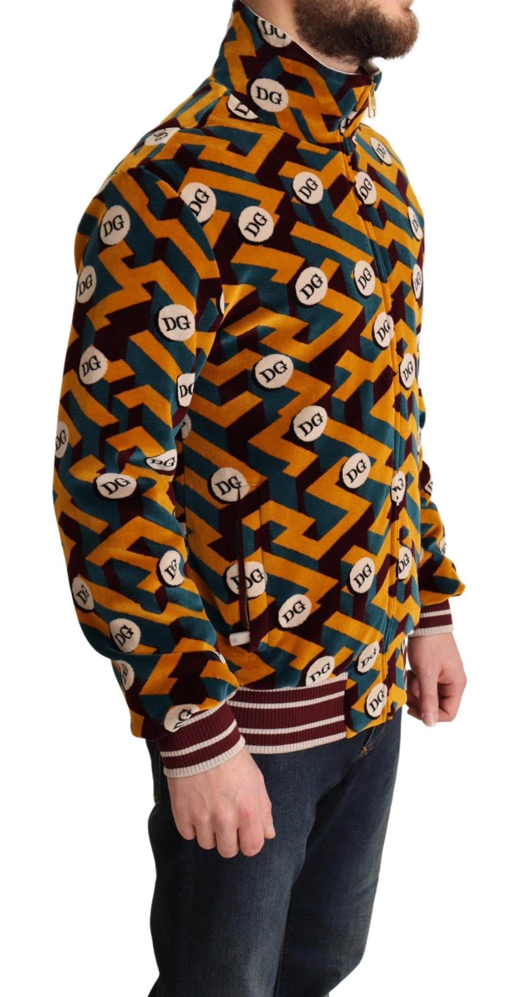 Pull homme Dolce & Gabbana en velours multicolore avec logo DG, veste élégante et confortable.