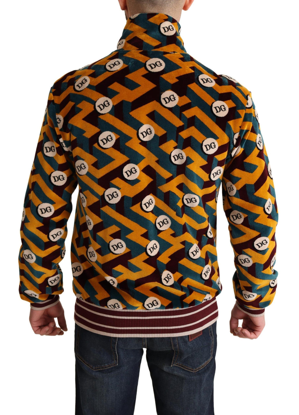 Pull homme Dolce & Gabbana en velours multicolore avec logo DG, style sweat-shirt veste élégant et confortable.