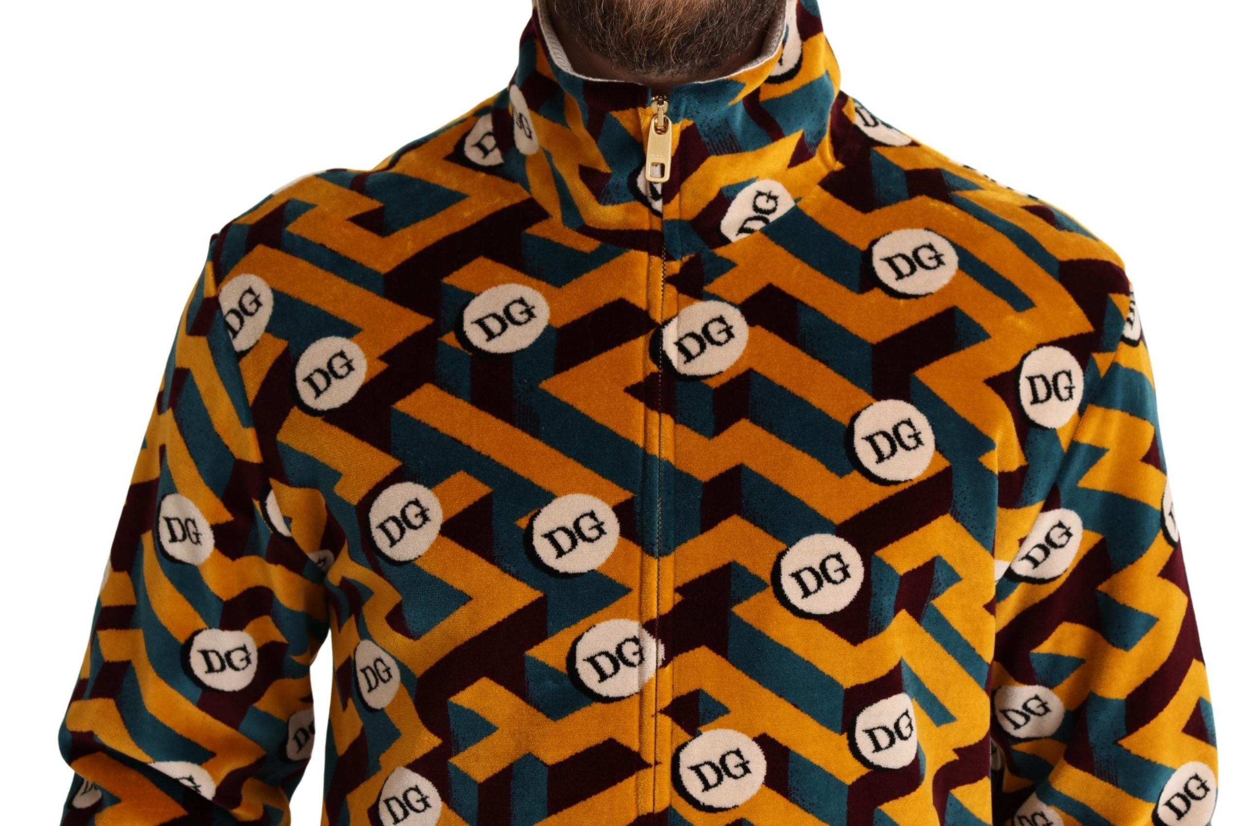 Veste homme Dolce & Gabbana en velours multicolore avec logo DG, style sweater jacket élégante et moderne.