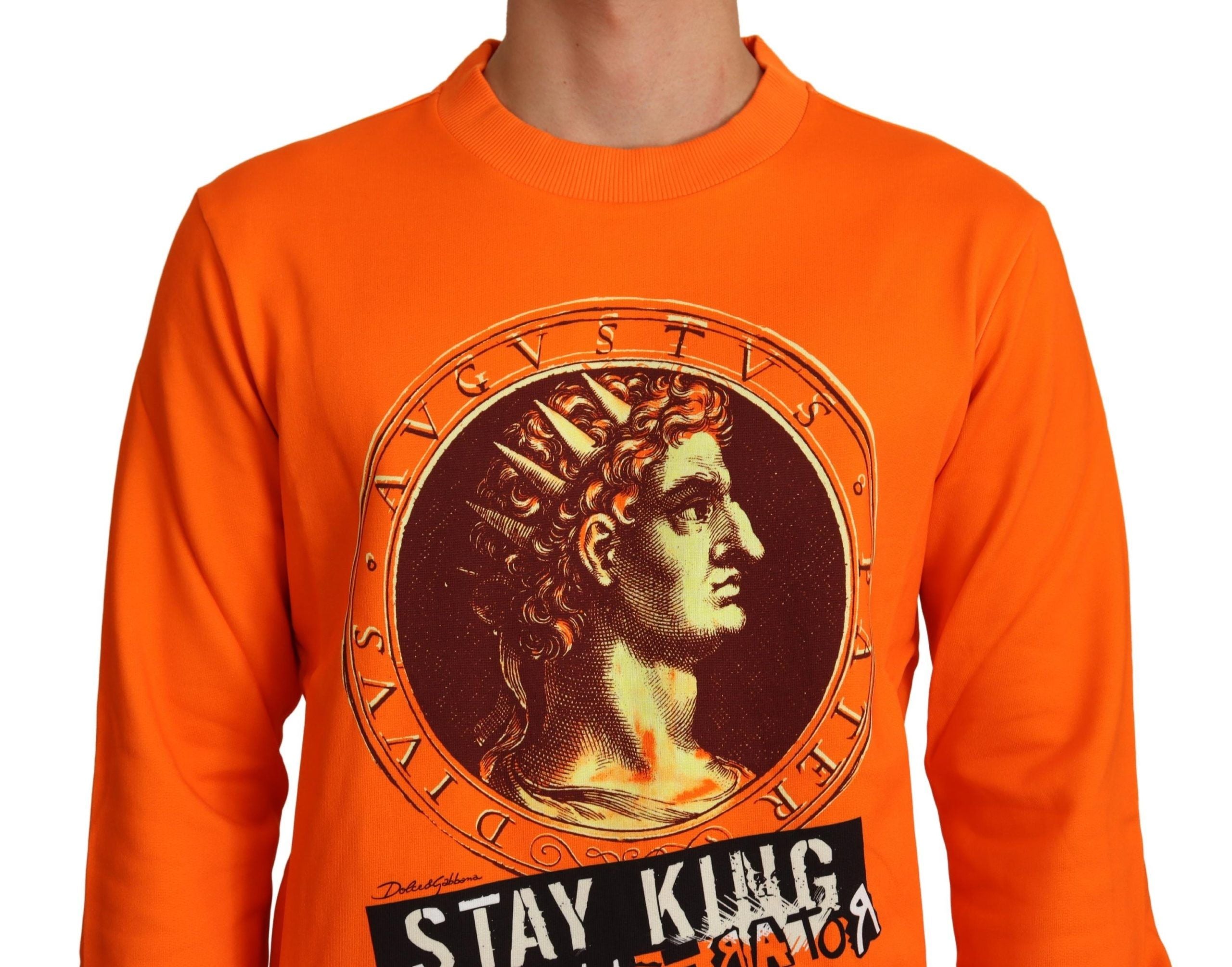 Pull-over Dolce & Gabbana Orange King Ceasar en coton avec motif royal, vue de face, style élégant et confortable.