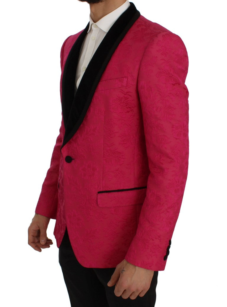 Blazer Slim en brocart floral rose Dolce & Gabbana, veste élégante avec motif fleuri rose et coupe ajustée.