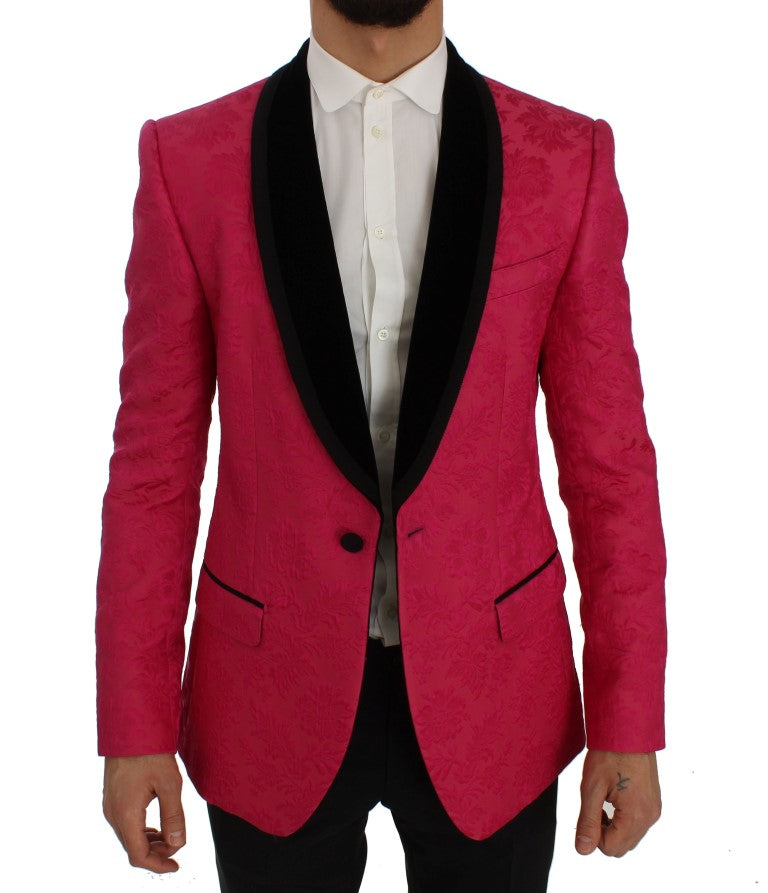 Veste blazer Dolce & Gabbana en brocart rose à motifs floraux, coupe slim, élégante et sophistiquée.