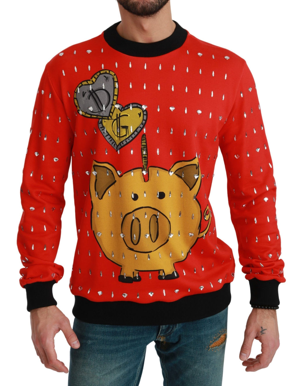 Pull Dolce & Gabbana rouge avec motif de cochon en cristaux, sweat-shirt élégant pour l'année.