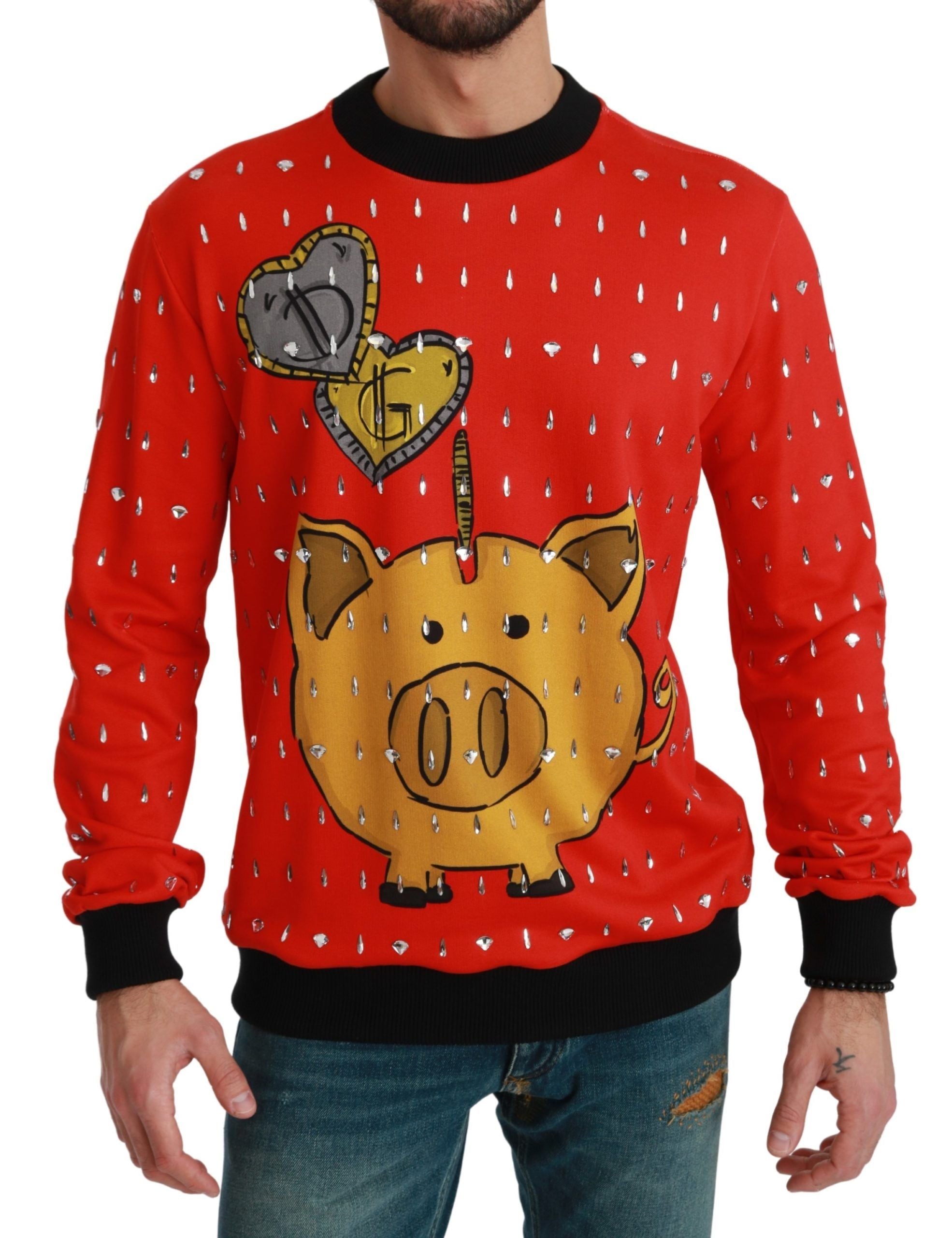 Pull Dolce & Gabbana rouge avec motif de cochon en cristaux, sweat-shirt élégant pour l'année.