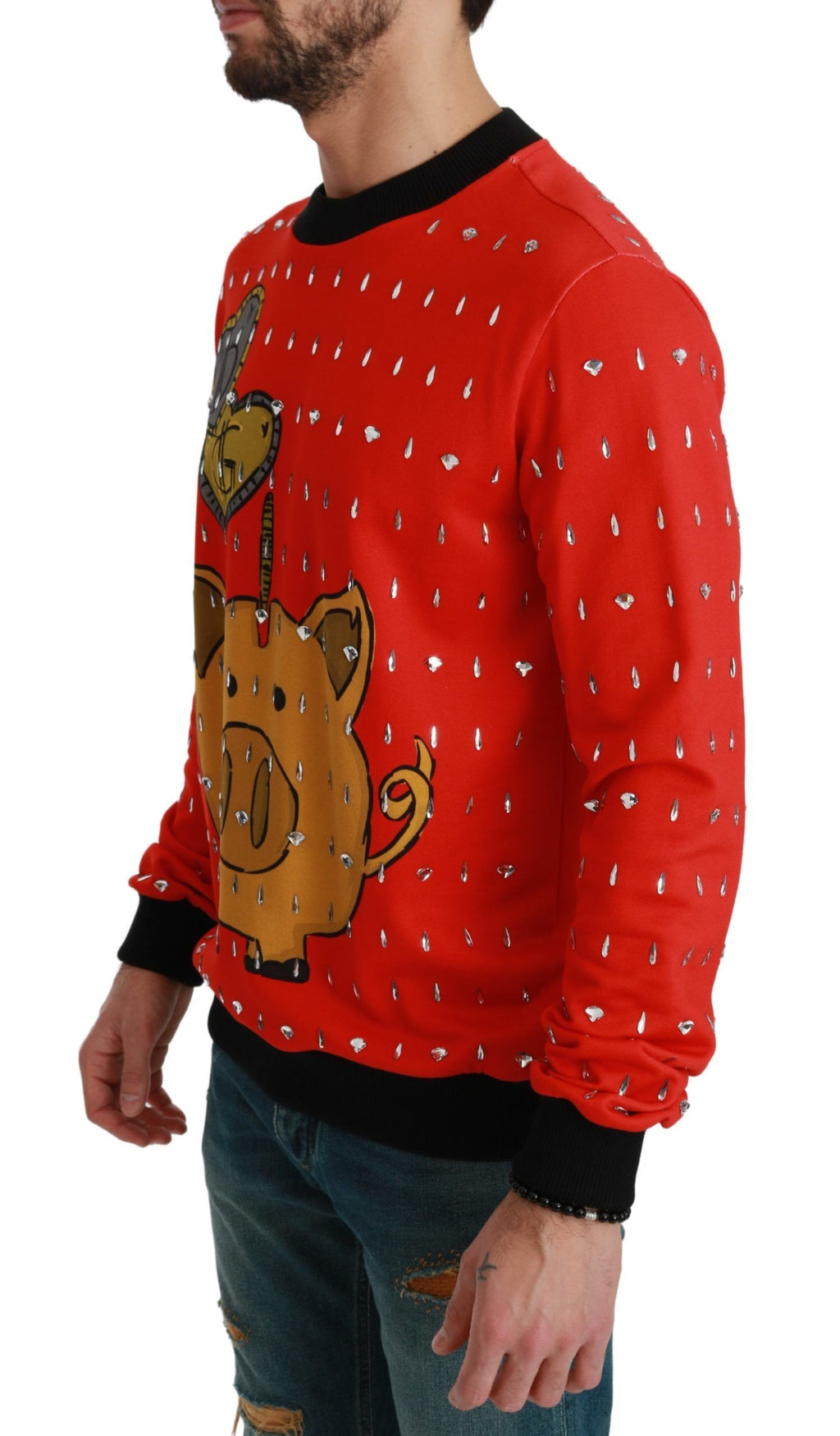 Pull Dolce & Gabbana rouge avec motif de cochon en cristal, sweat-shirt tendance pour femme, détail coloré et élégant.