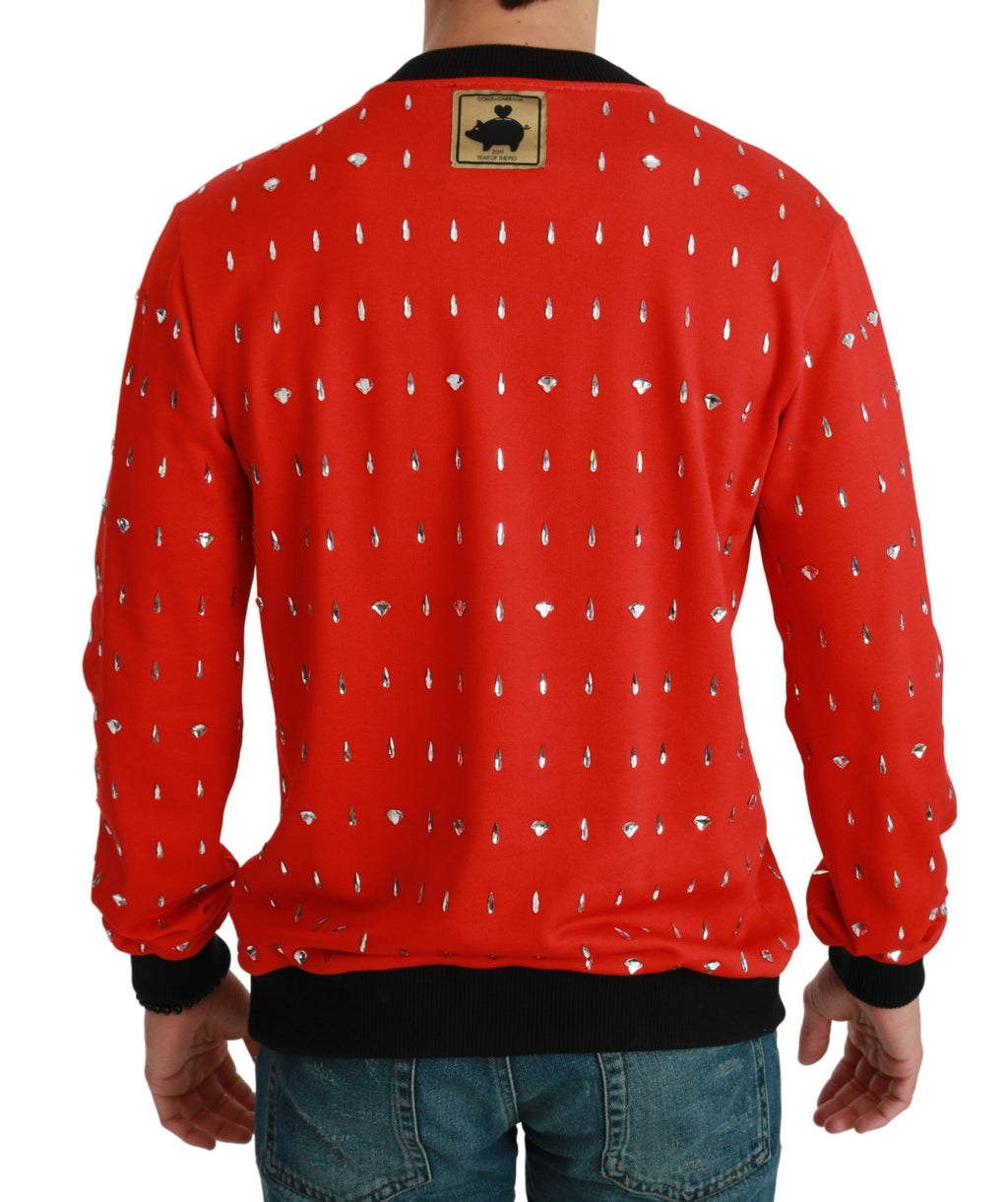 Pull Dolce & Gabbana rouge avec motif de cochon en cristal, taille XS, en laine douce.