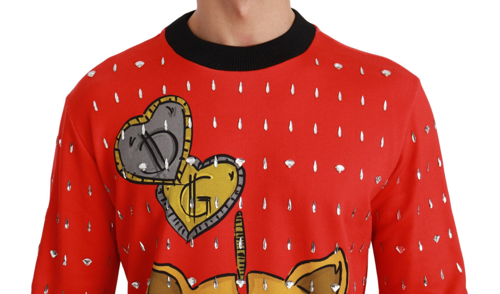 Pull Dolce & Gabbana rouge avec motif de cochon en cristal, taille XS, élégant pull en laine à manches longues.