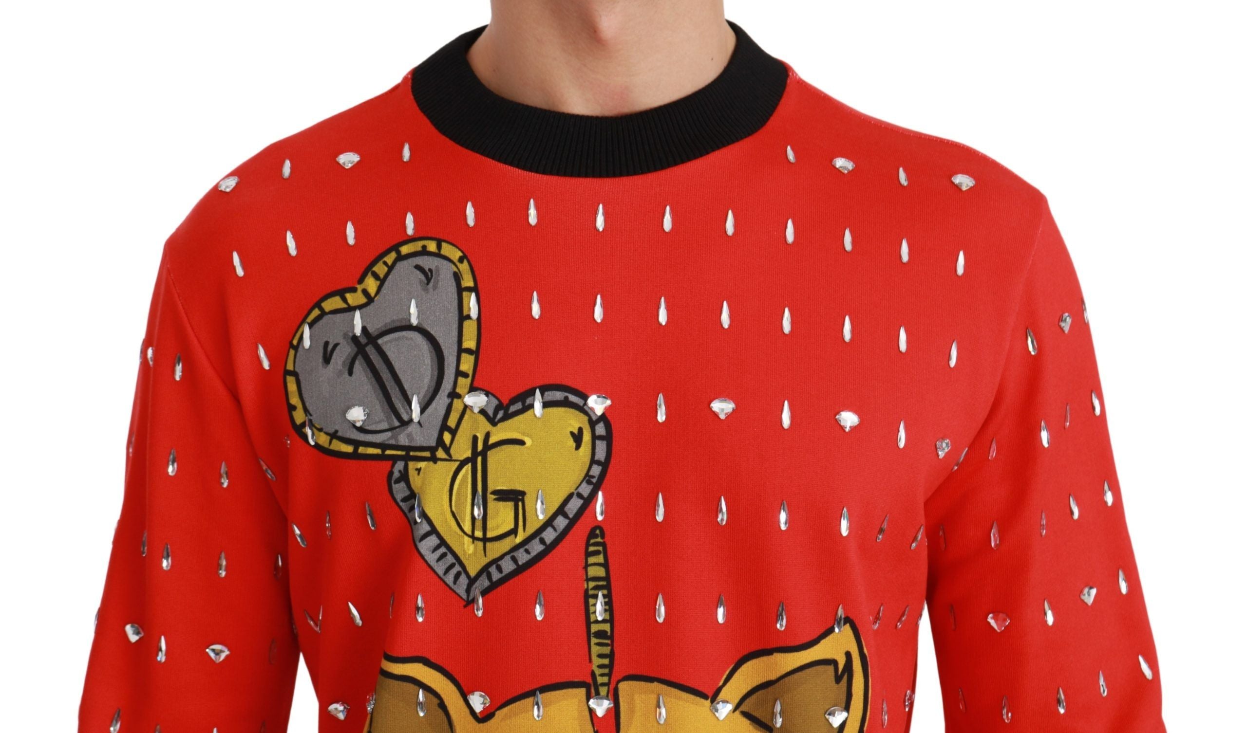Pull Dolce & Gabbana rouge avec motif de cochon en cristal, taille XS, élégant pull en laine à manches longues.
