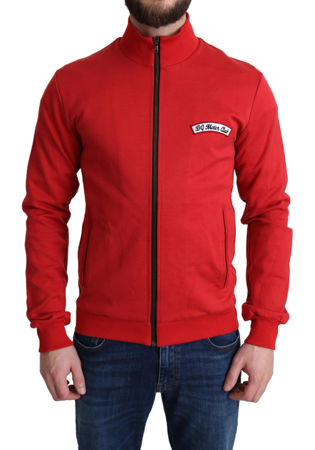 Pull Dolce & Gabbana rouge DG Motor Club avec fermeture éclair, cardigan en tricot élégant et décontracté.