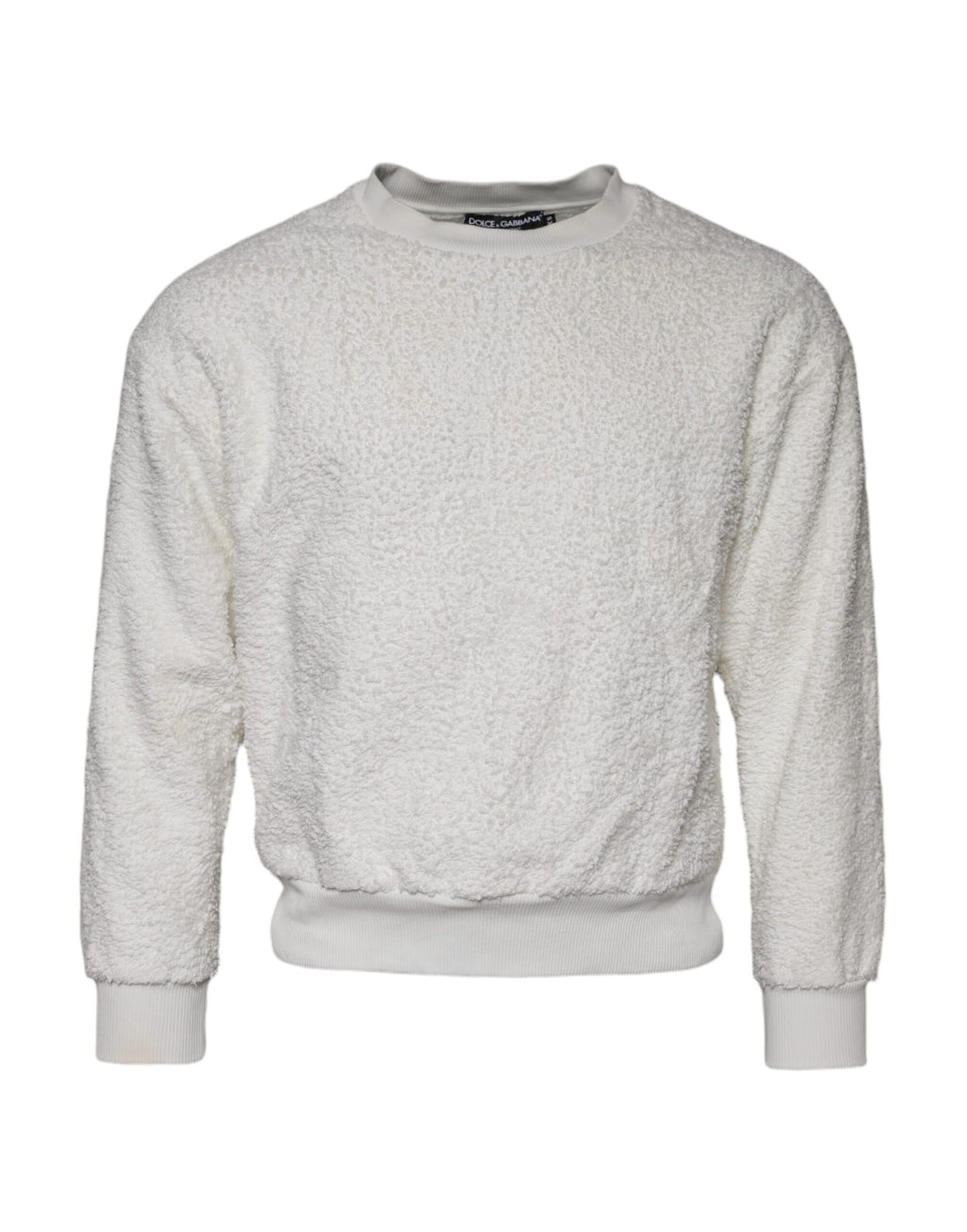 Pull Dolce & Gabbana en coton blanc à col rond, doux et confortable, visible avec le logo discret sur la poitrine.