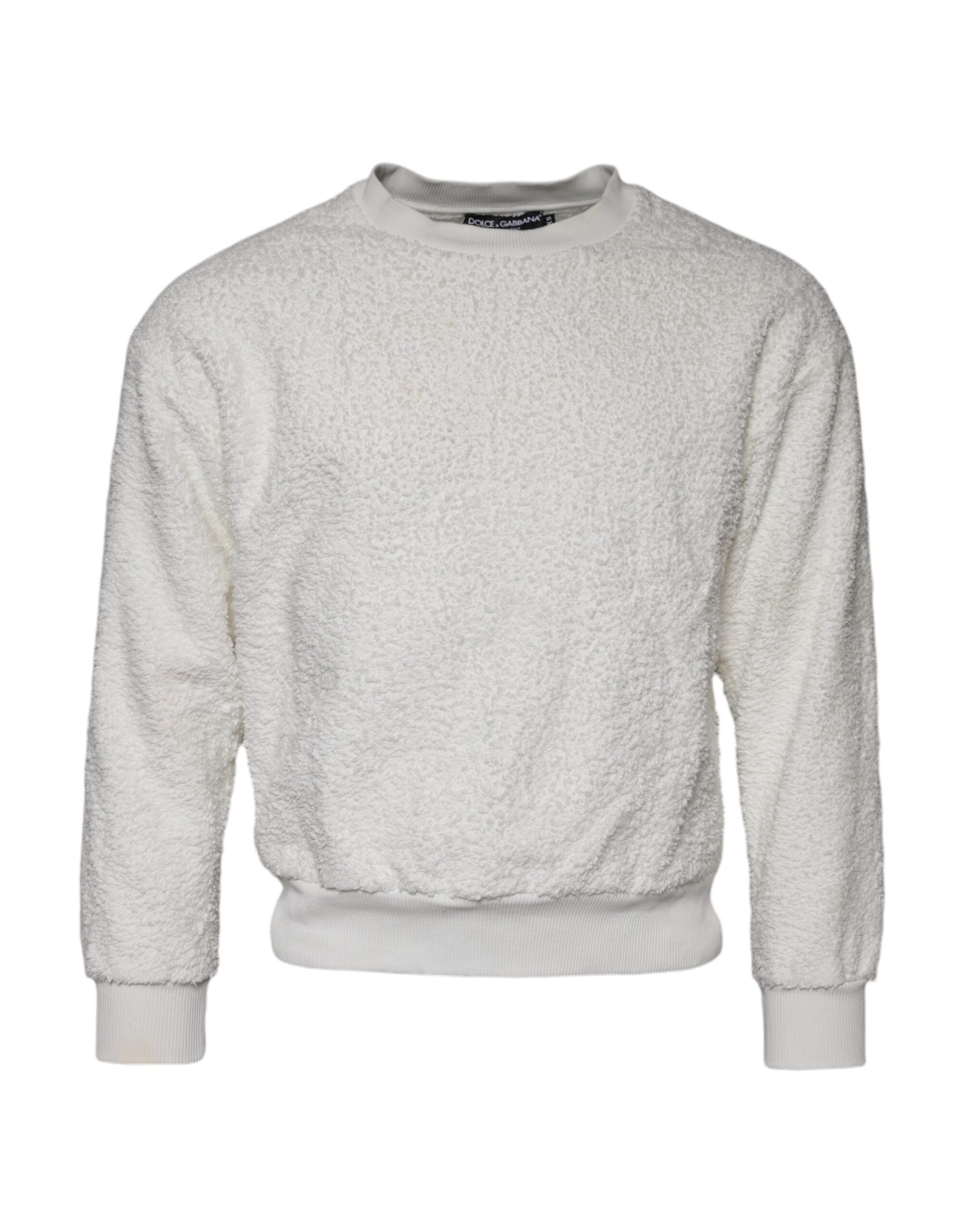 Pull doux en coton blanc Dolce & Gabbana avec col rond, affiché sur un mannequin.
