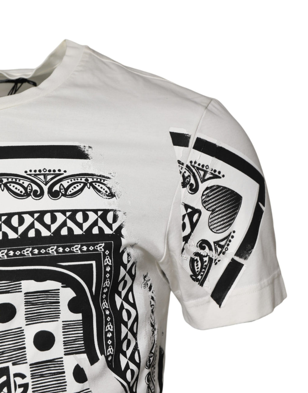T-shirt blanc en coton Dolce & Gabbana avec logo et imprimé bandana, vue de face, détails visibles.