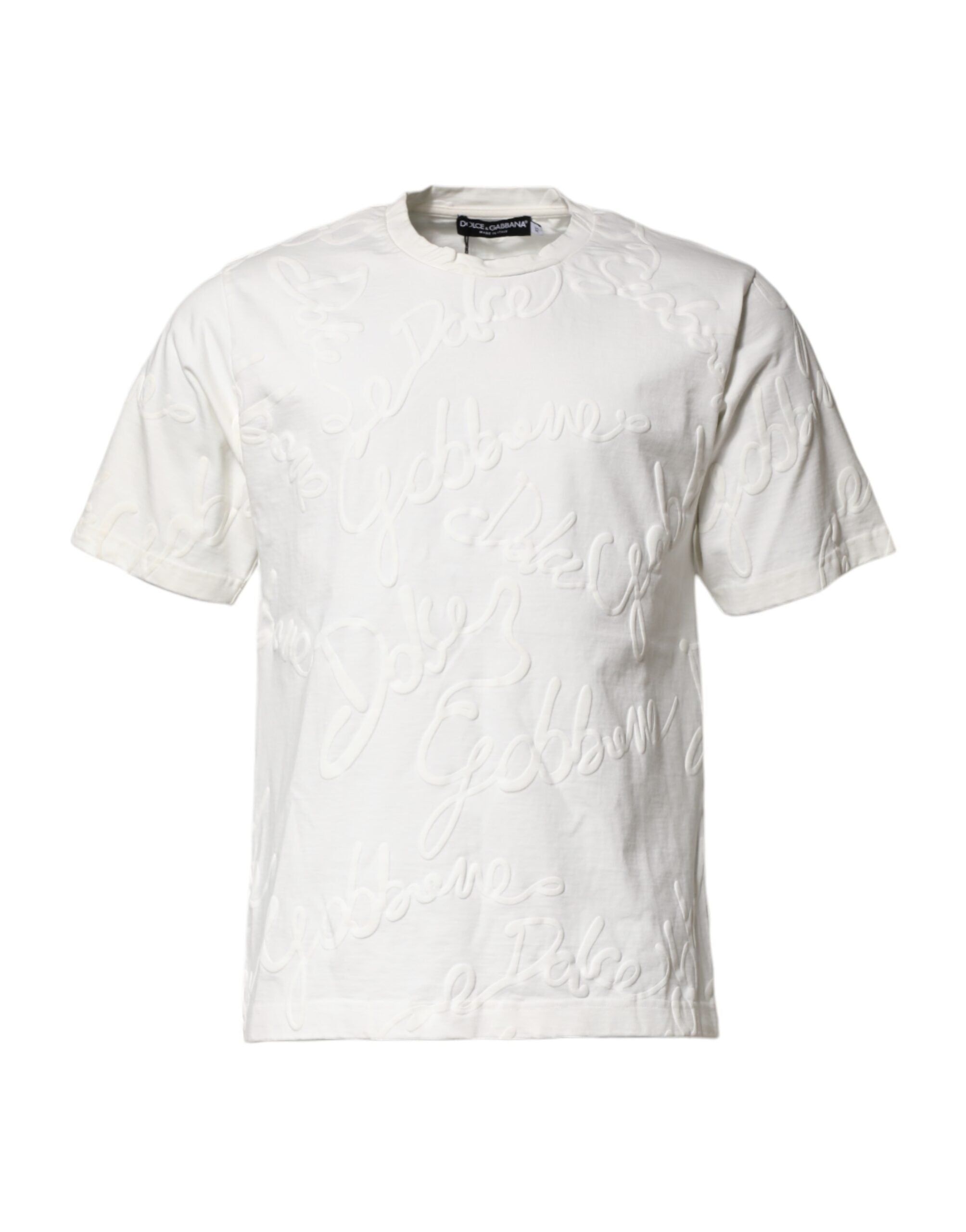 T-shirt blanc en coton Dolce & Gabbana à col rond avec logo embossé, vue de face.