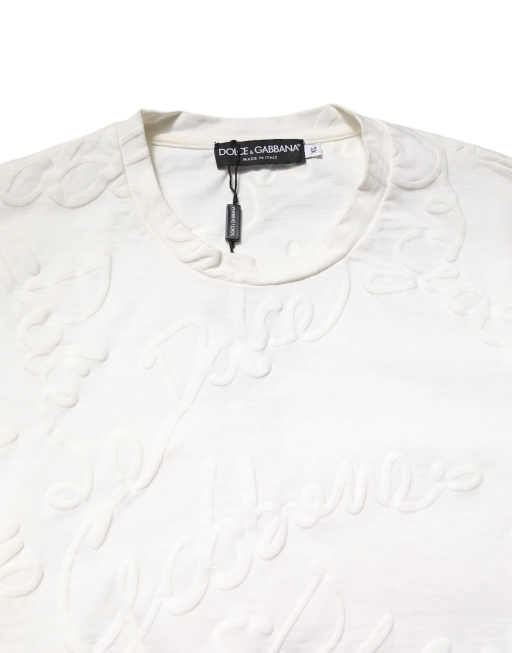 T-shirt blanc en coton Dolce & Gabbana avec logo embossé, col rond, vue de face.
