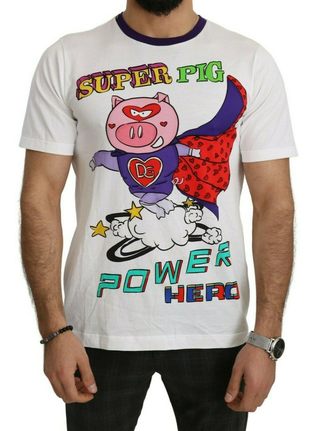 T-shirt blanc en coton Dolce & Gabbana avec motif "Super Power Pig" visible, décontracté et stylé.