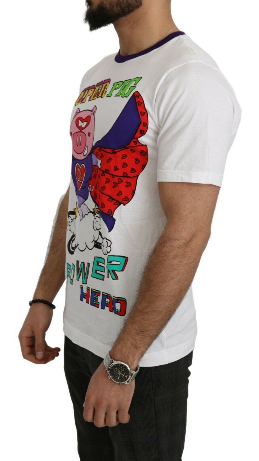 T-shirt blanc en coton Dolce & Gabbana avec motif Super Power Pig, style casual et graphique.
