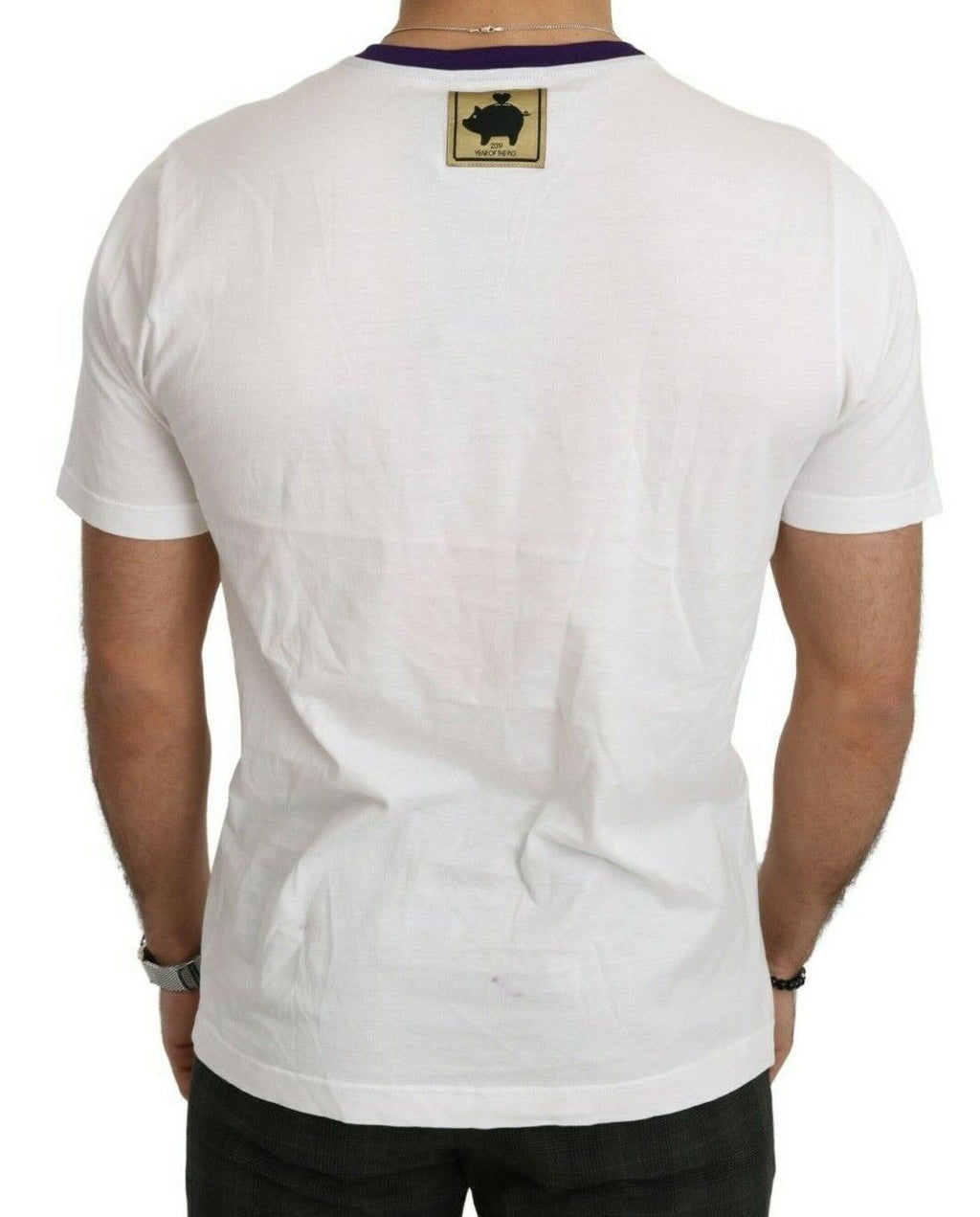 T-shirt blanc Dolce & Gabbana en coton avec le logo Super Power Pig, image montrant le design graphique sur le devant.