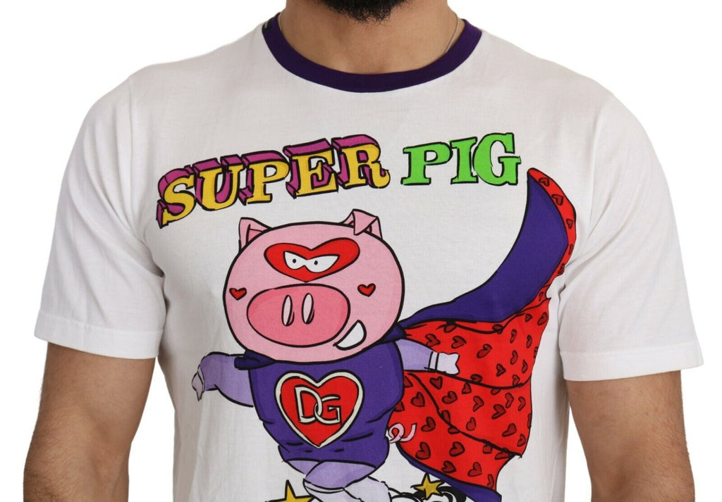 T-shirt blanc en coton Dolce & Gabbana avec logo Super Power Pig, vue de face, détail du design graphique.