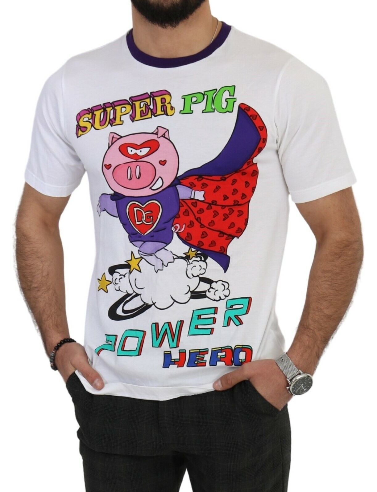 T-shirt blanc Dolce & Gabbana en coton avec motif de cochon Super Power, vue de face.