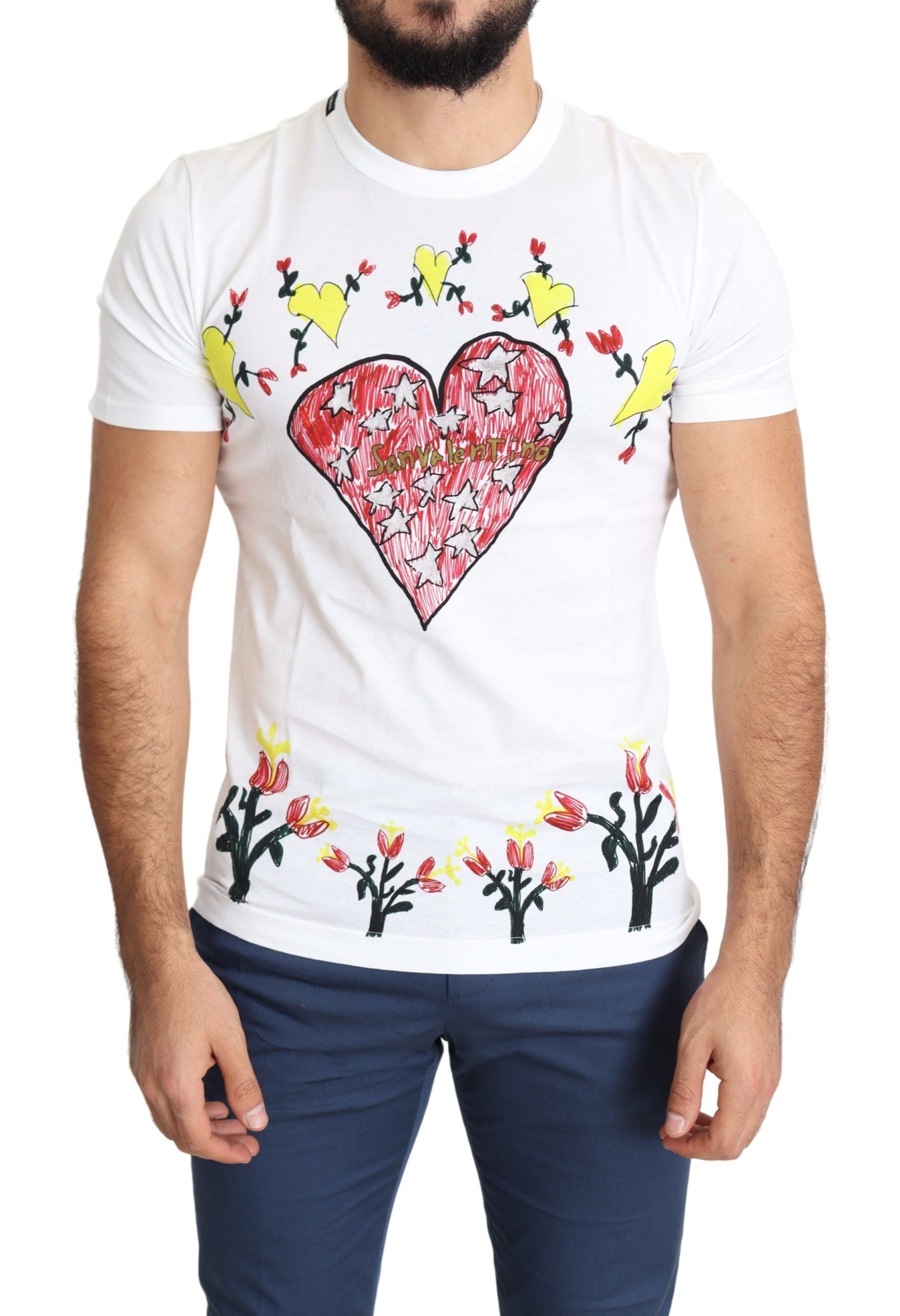 T-shirt blanc pour homme Dolce & Gabbana avec impression Saint Valentine en coton, style élégant et décontracté.