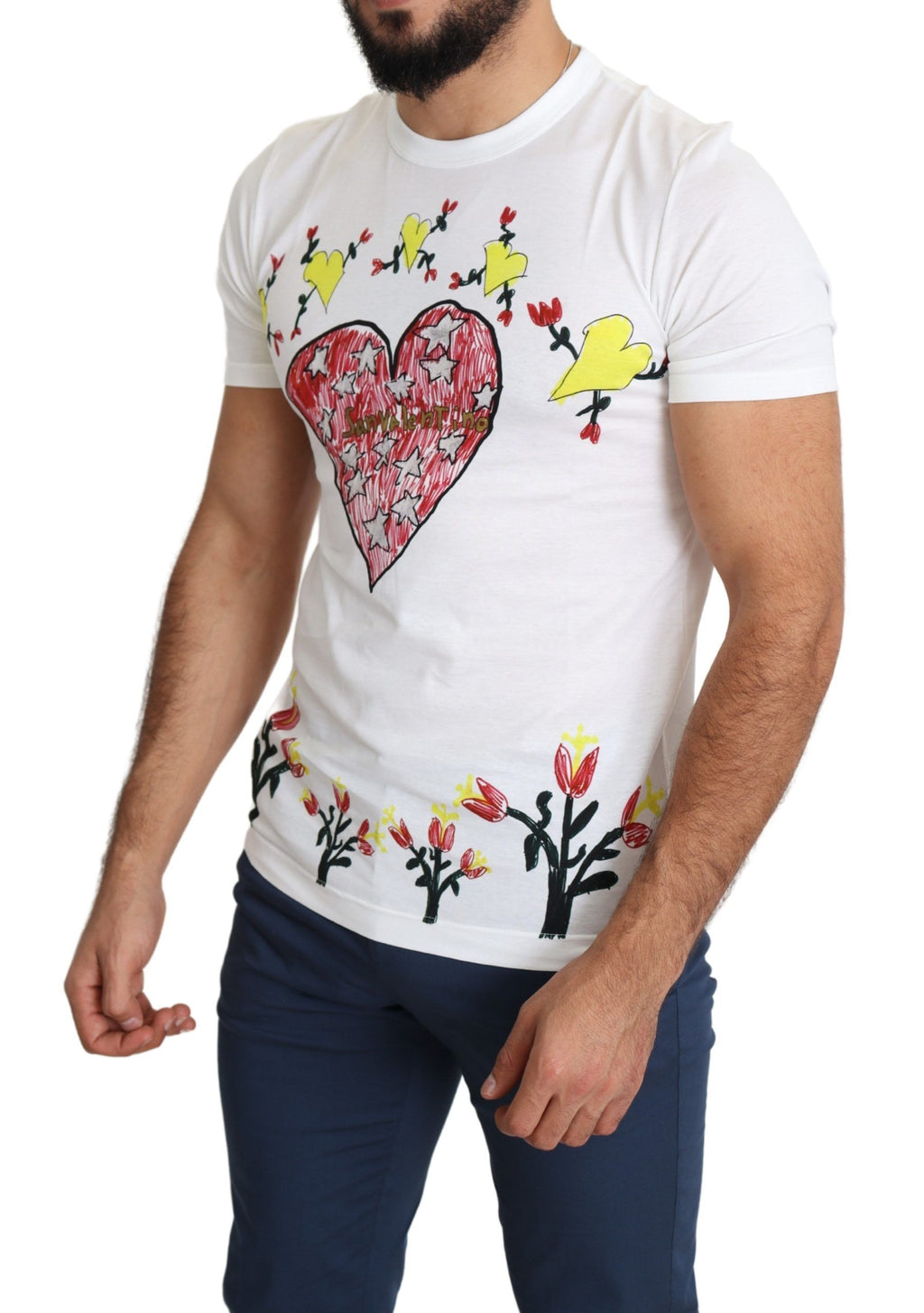 T-shirt blanc pour homme Dolce & Gabbana avec imprimé Saint Valentine en coton, style élégant et graphique.