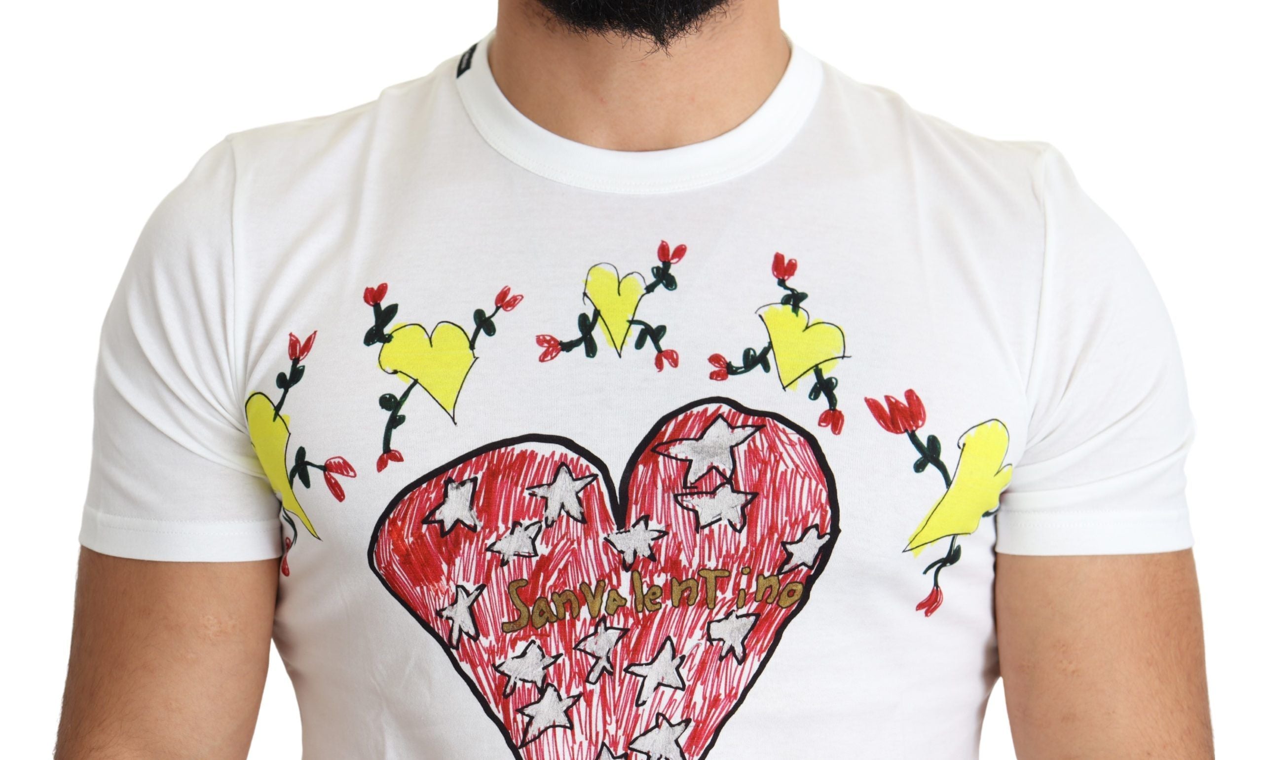 T-shirt blanc pour homme Dolce & Gabbana avec imprimé Saint Valentine en coton, design élégant et moderne.