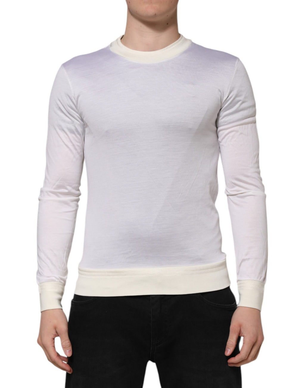 T-shirt Dolce & Gabbana en soie blanche à manches longues avec col rond, vue de face.