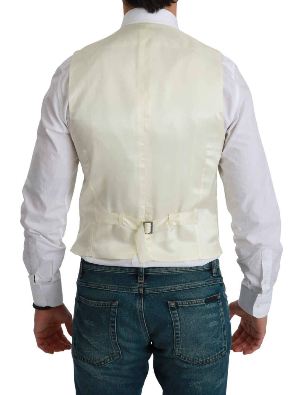 Gilet blanc en laine formel Dolce & Gabbana, veste cintrée élégante pour homme ou femme, style sophistiqué et classique.