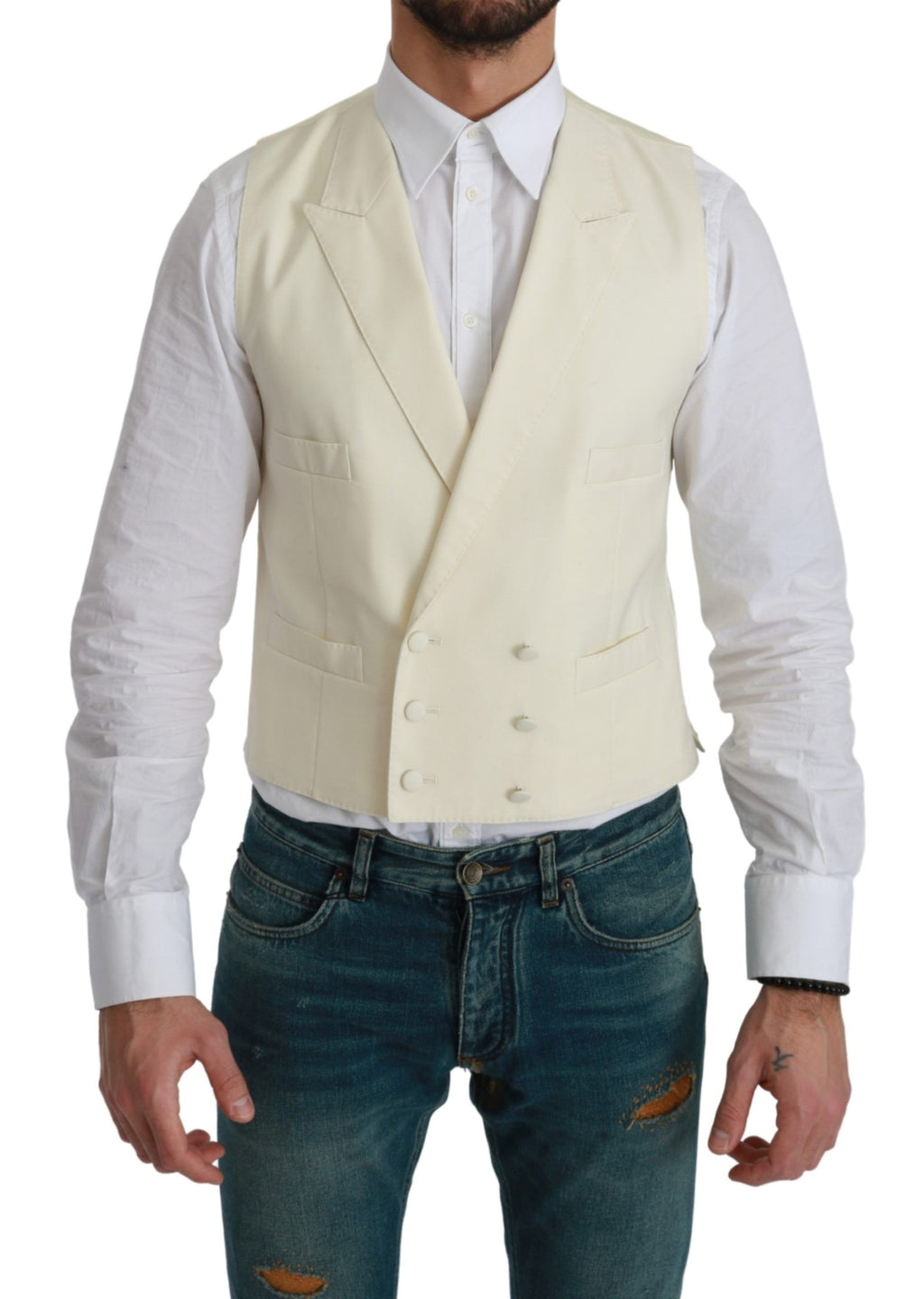 Gilet blanc formel en laine Dolce & Gabbana, veste élégante pour homme, détails sophistiqués et coupe ajustée.