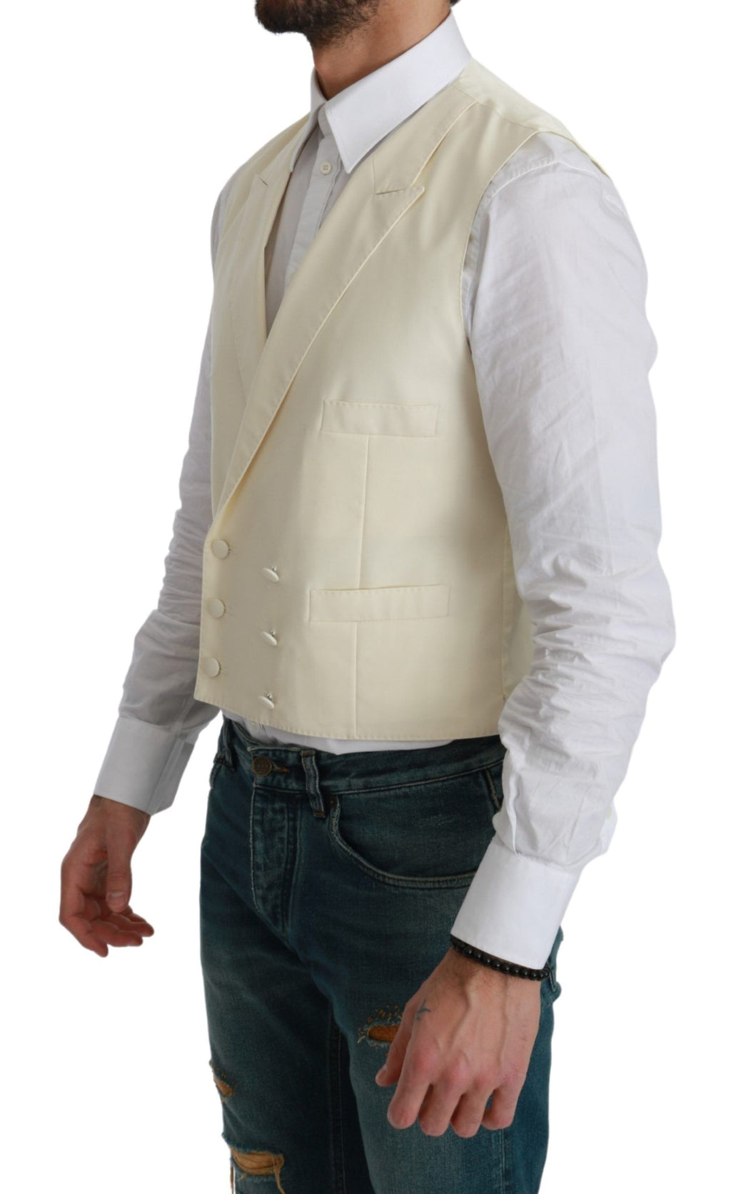 Gilet blanc Dolce & Gabbana en laine formel, veste chic pour hommes avec détails élégants, porté sur un mannequin.