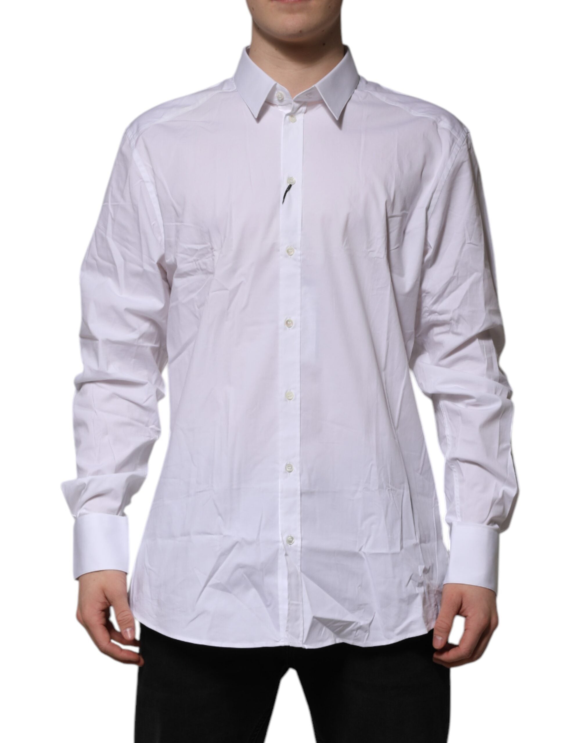 Chemise blanche en coton Dolce & Gabbana à manches longues, élégante et formelle avec détails en or.