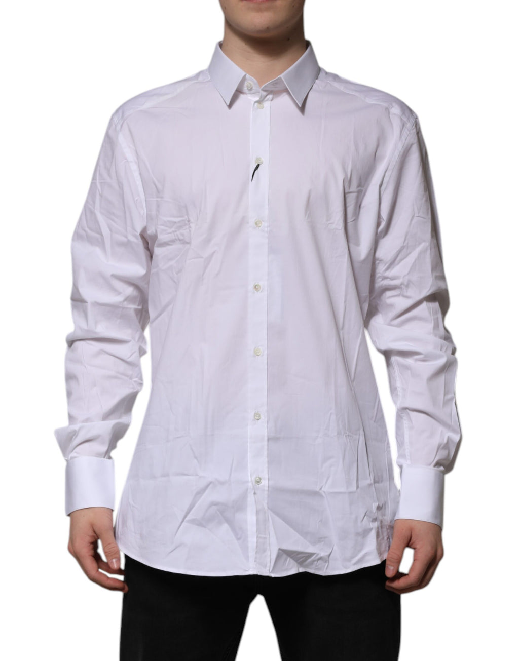Chemise formelle blanche en coton Dolce & Gabbana avec manches longues et détails dorés visible sur l'image.