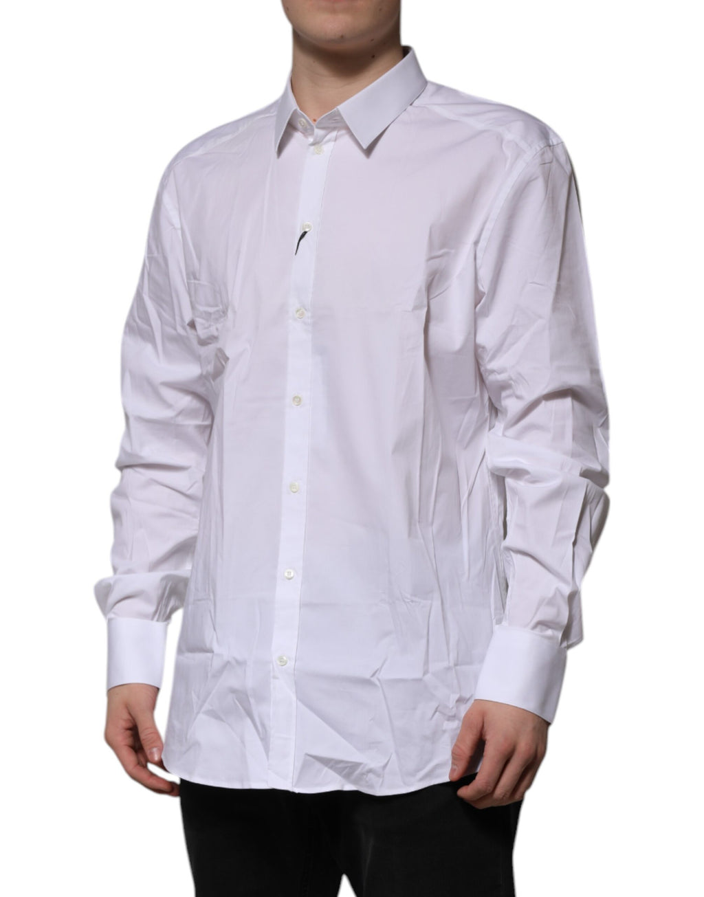 Chemise blanche en coton à manches longues Dolce & Gabbana, élégante et formelle, avec détails dorés.