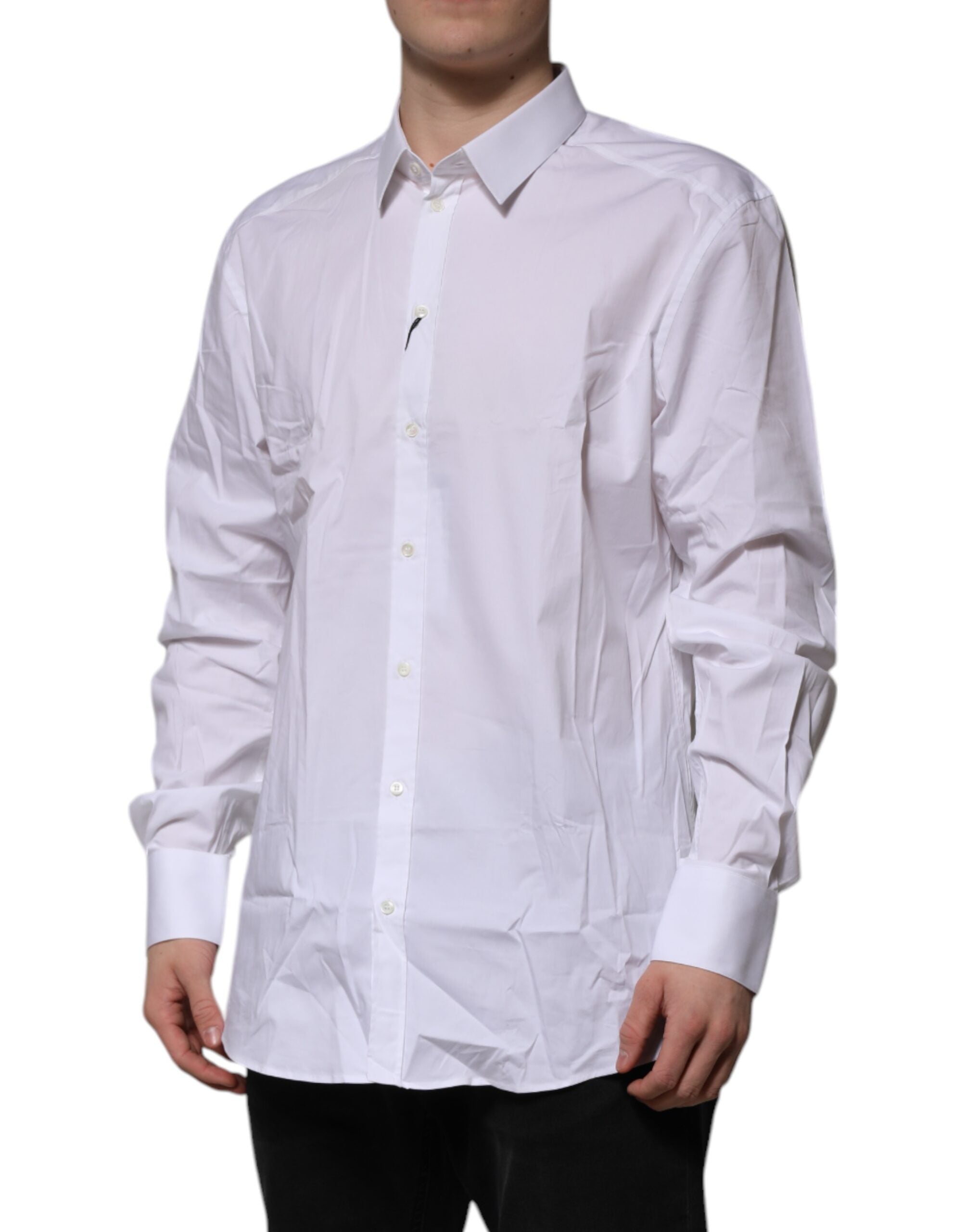 Chemise blanche en coton à manches longues Dolce & Gabbana, élégante et formelle, avec détails dorés.
