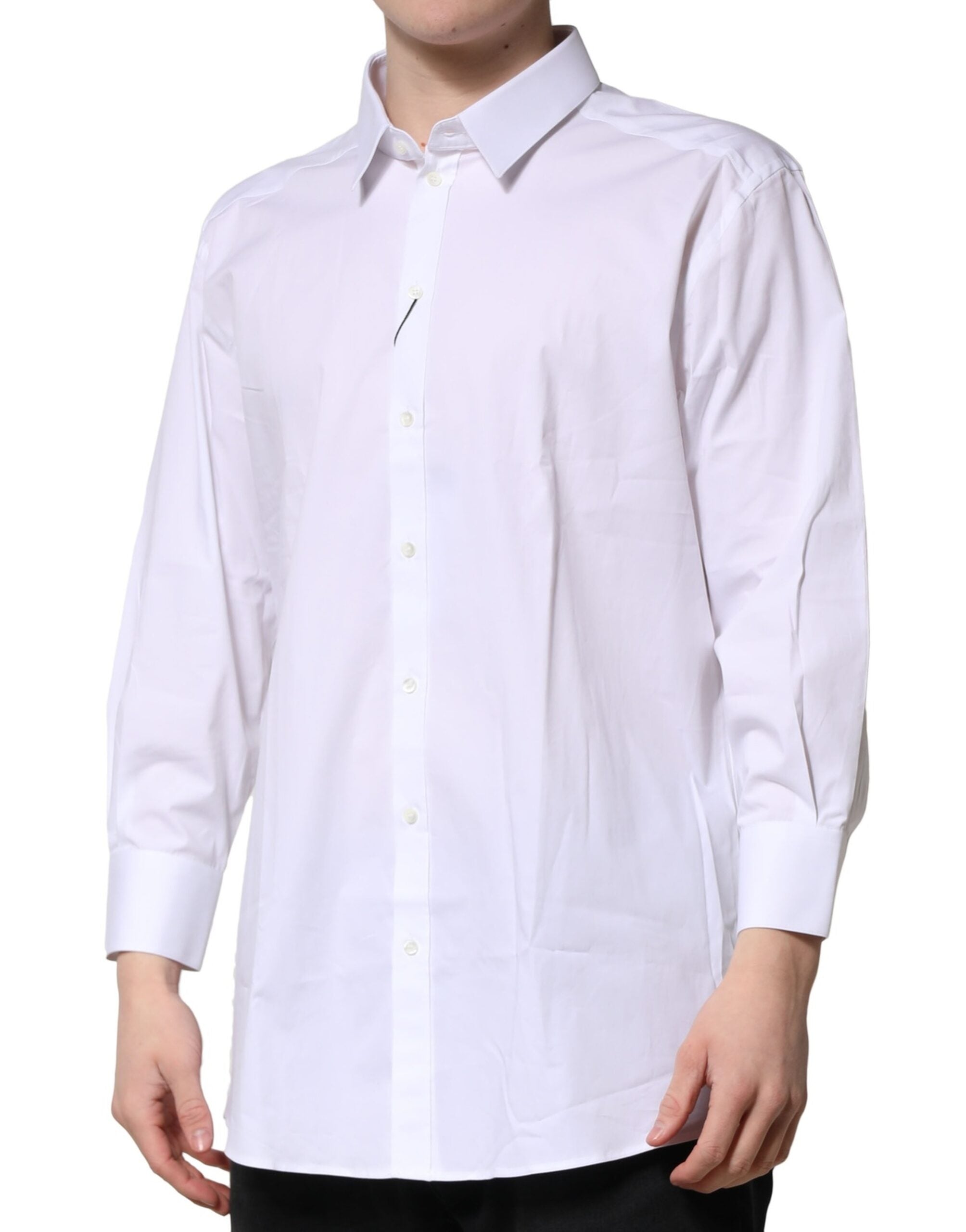 Chemise formelle blanche Dolce & Gabbana avec manches longues et détails dorés, élégante et sophistiquée.