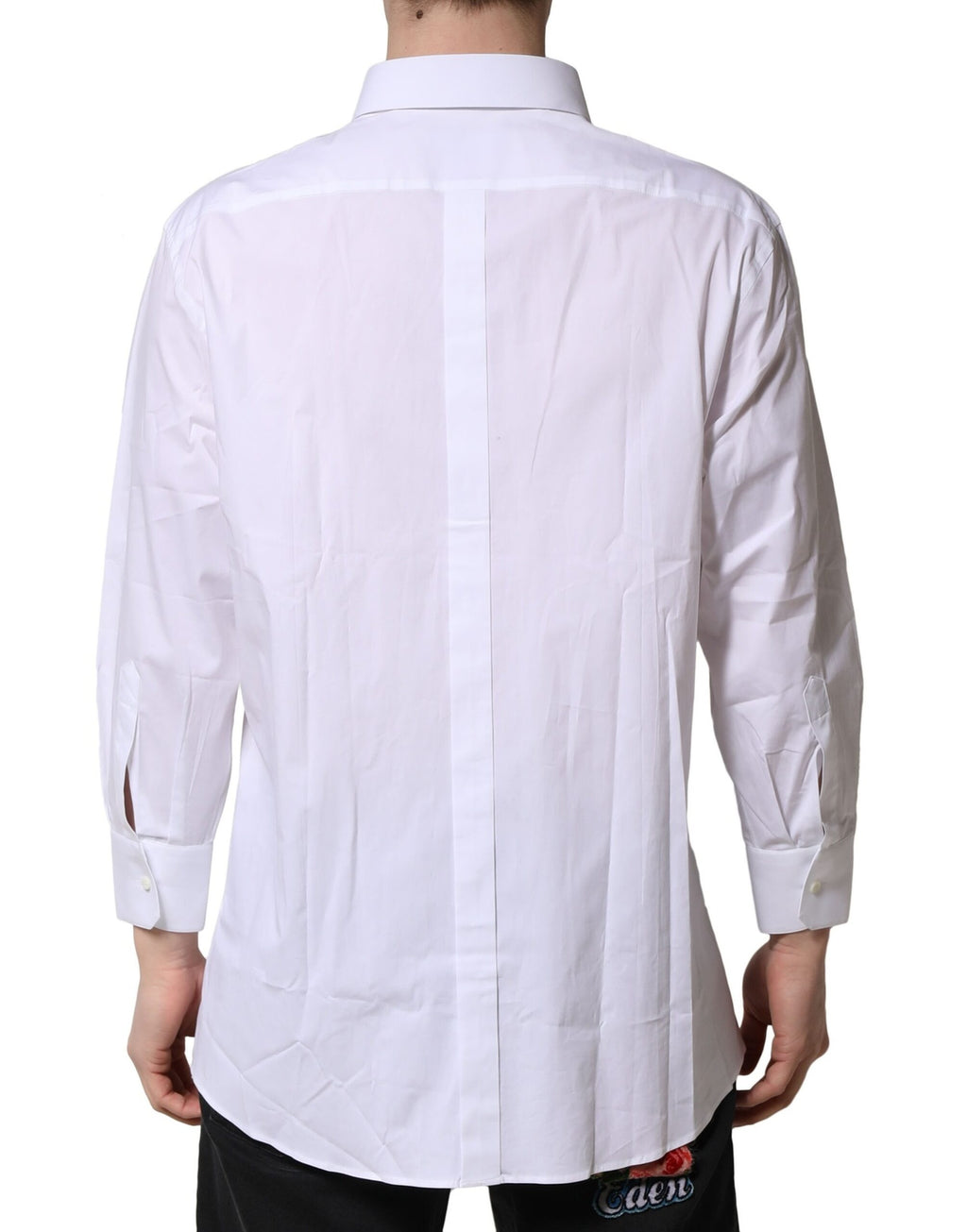 Chemise formelle Dolce & Gabbana blanche à manches longues en tissu doré, élégante et sophistiquée.