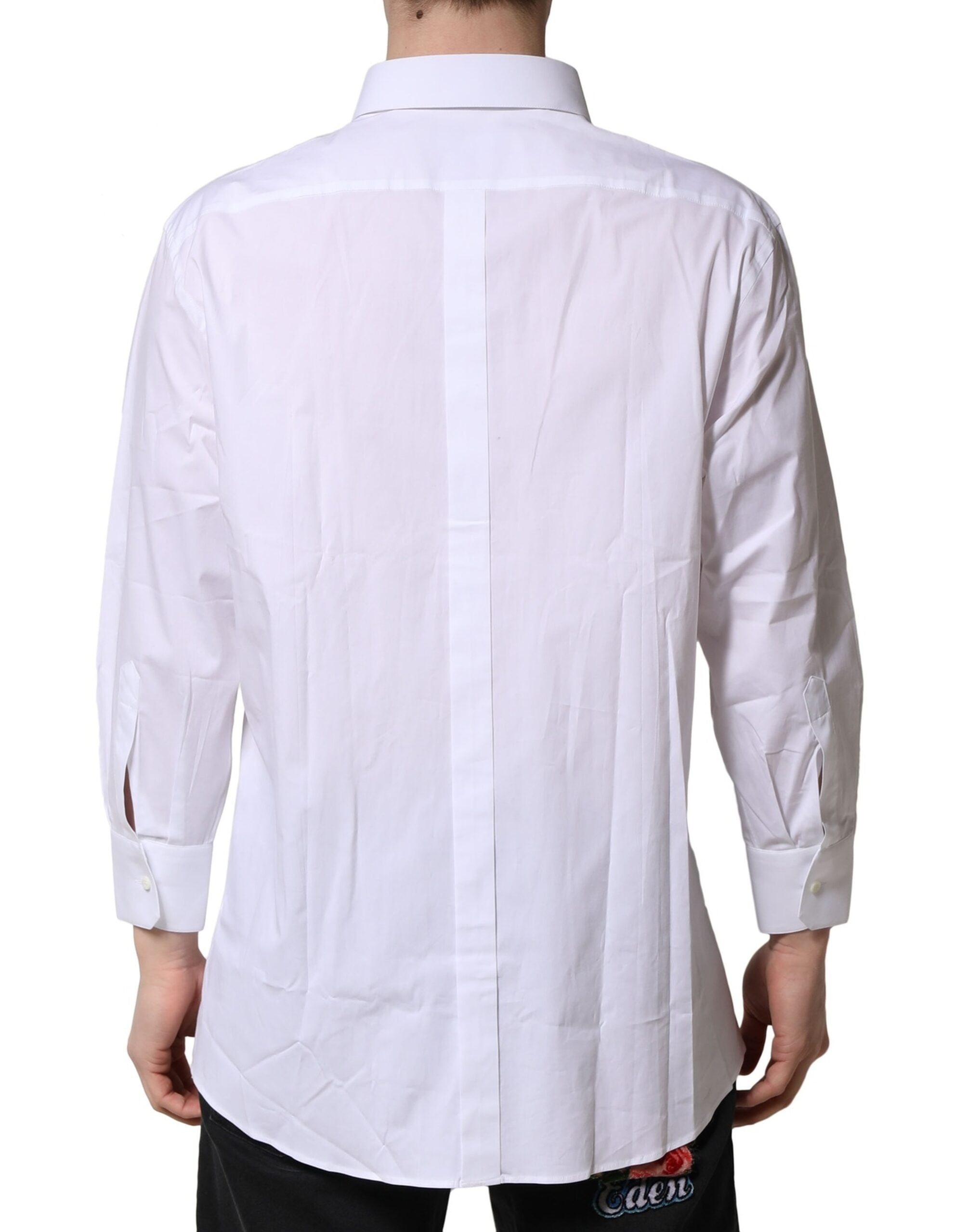 Chemise formelle Dolce & Gabbana blanche à manches longues en tissu doré, élégante et sophistiquée.