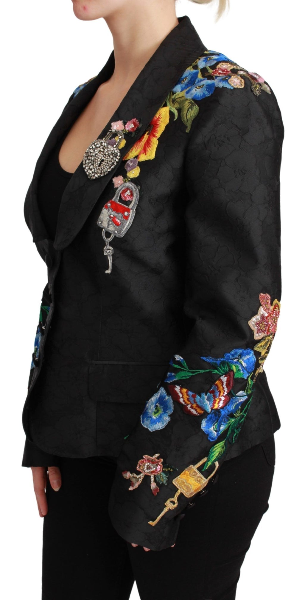 Veste blazer Dolce & Gabbana en brocart noir orné de cristaux, élégante et sophistiquée, vue de face.