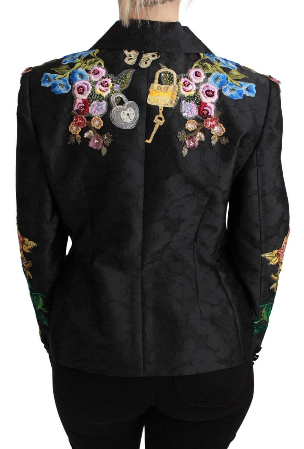 Veste blazer Dolce & Gabbana en brocart noir avec cristaux, élégante et sophistiquée, vue de face sur fond neutre.