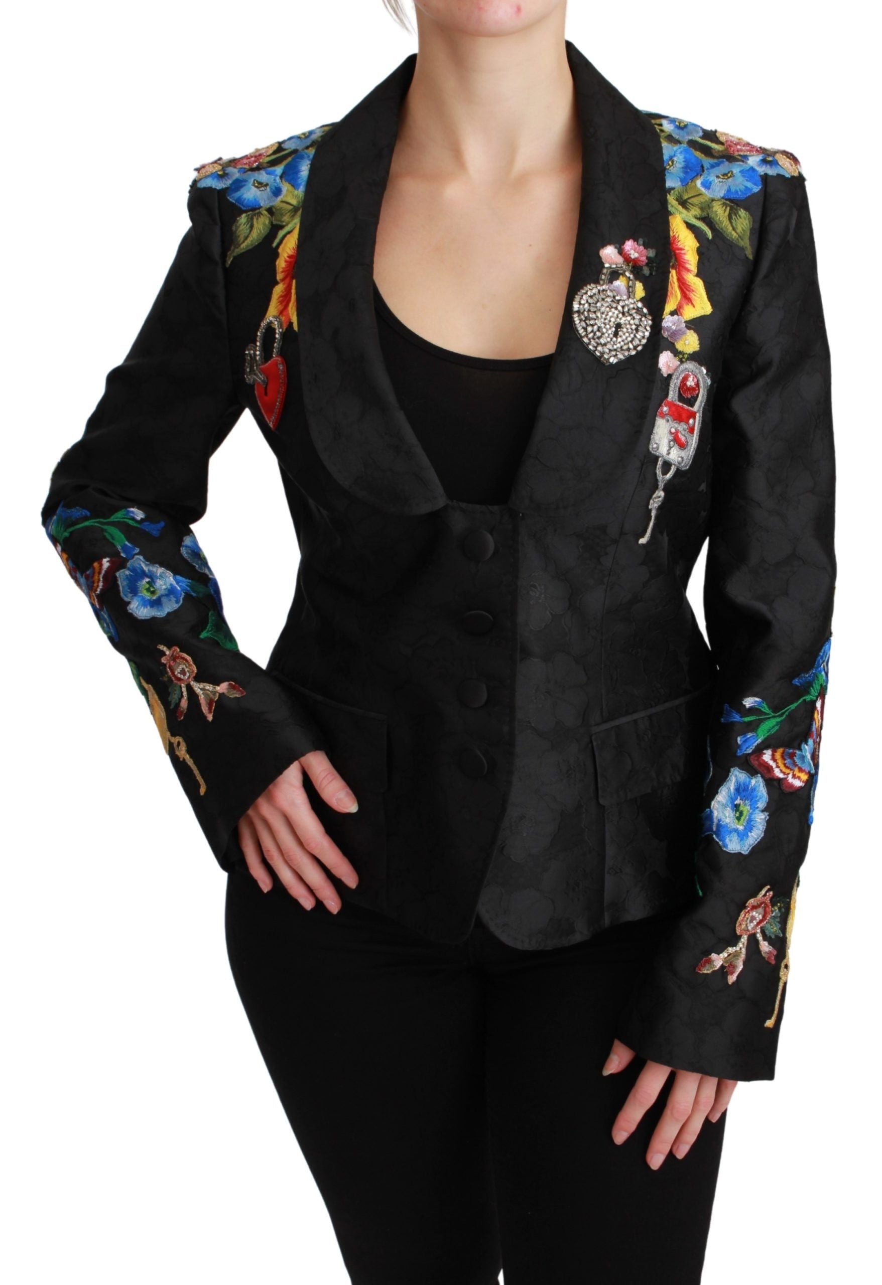 Veste blazer en brocart noir Dolce & Gabbana avec cristaux, élégante et sophistiquée, détails visibles sur l'image.