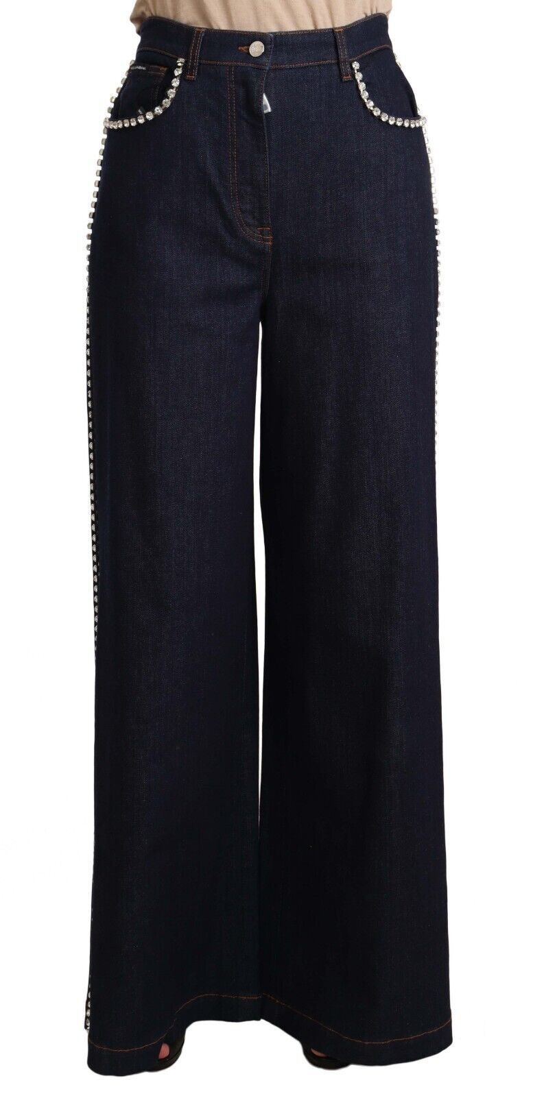 Jeans flare bleu foncé Dolce & Gabbana ornés de cristaux, style élégant et tendance, vue de face.