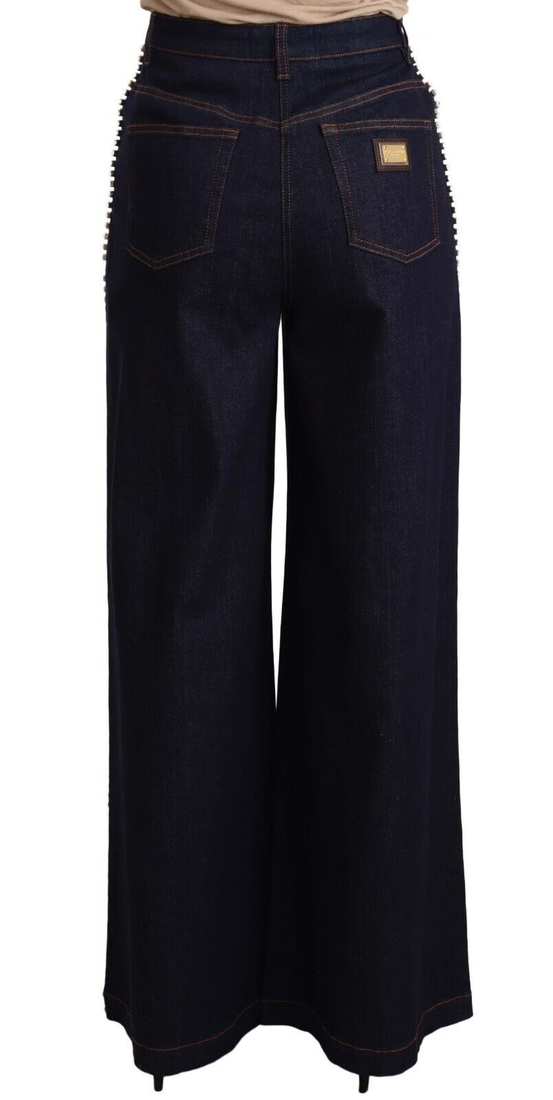 Jeans flare bleu foncé Dolce & Gabbana ornés de cristaux brillants, vue de l'avant.