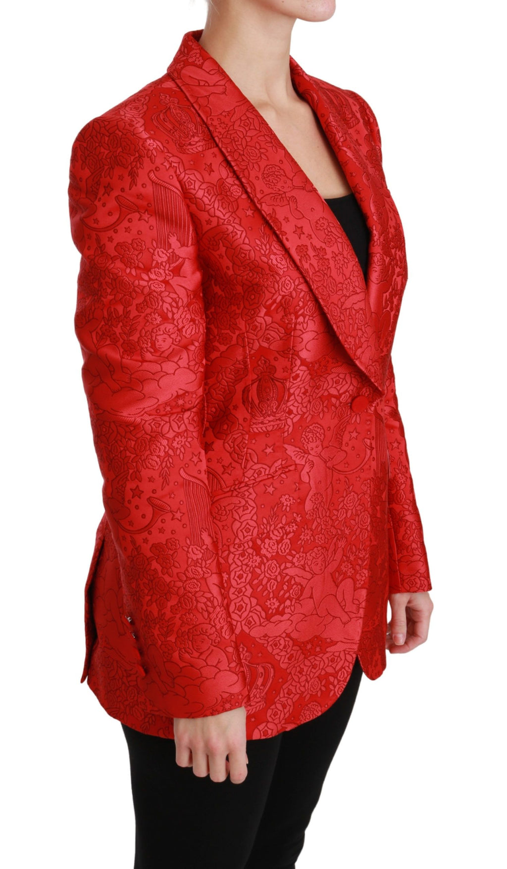 Veste blazer Dolce & Gabbana rouge à fleurs avec col et détails élégants, portée comme un manteau ou une veste sophistiquée.