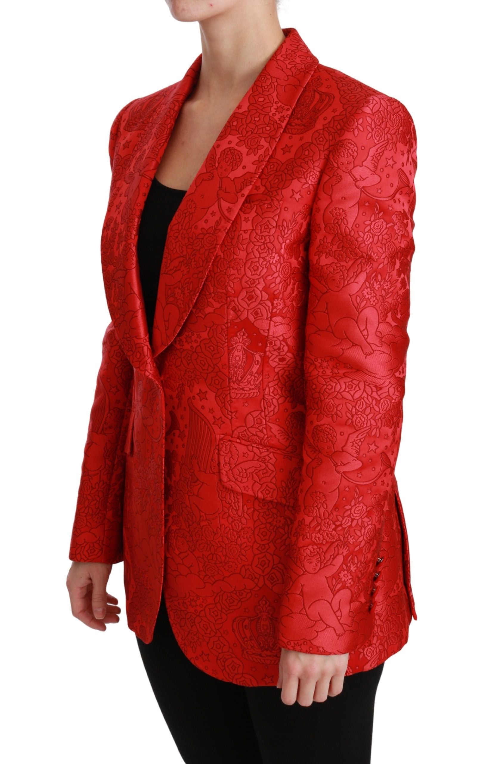 Blazer Dolce & Gabbana rouge à fleurs avec motif angel, veste élégante en tissu léger.