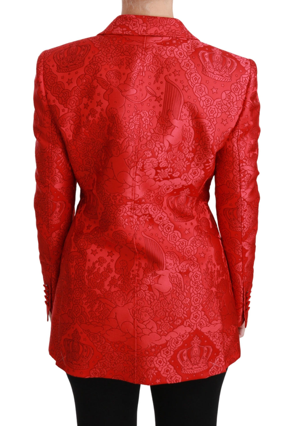 Blazer Dolce & Gabbana rouge à fleurs avec col en satin, veste élégante en tissu floral sophistiqué.