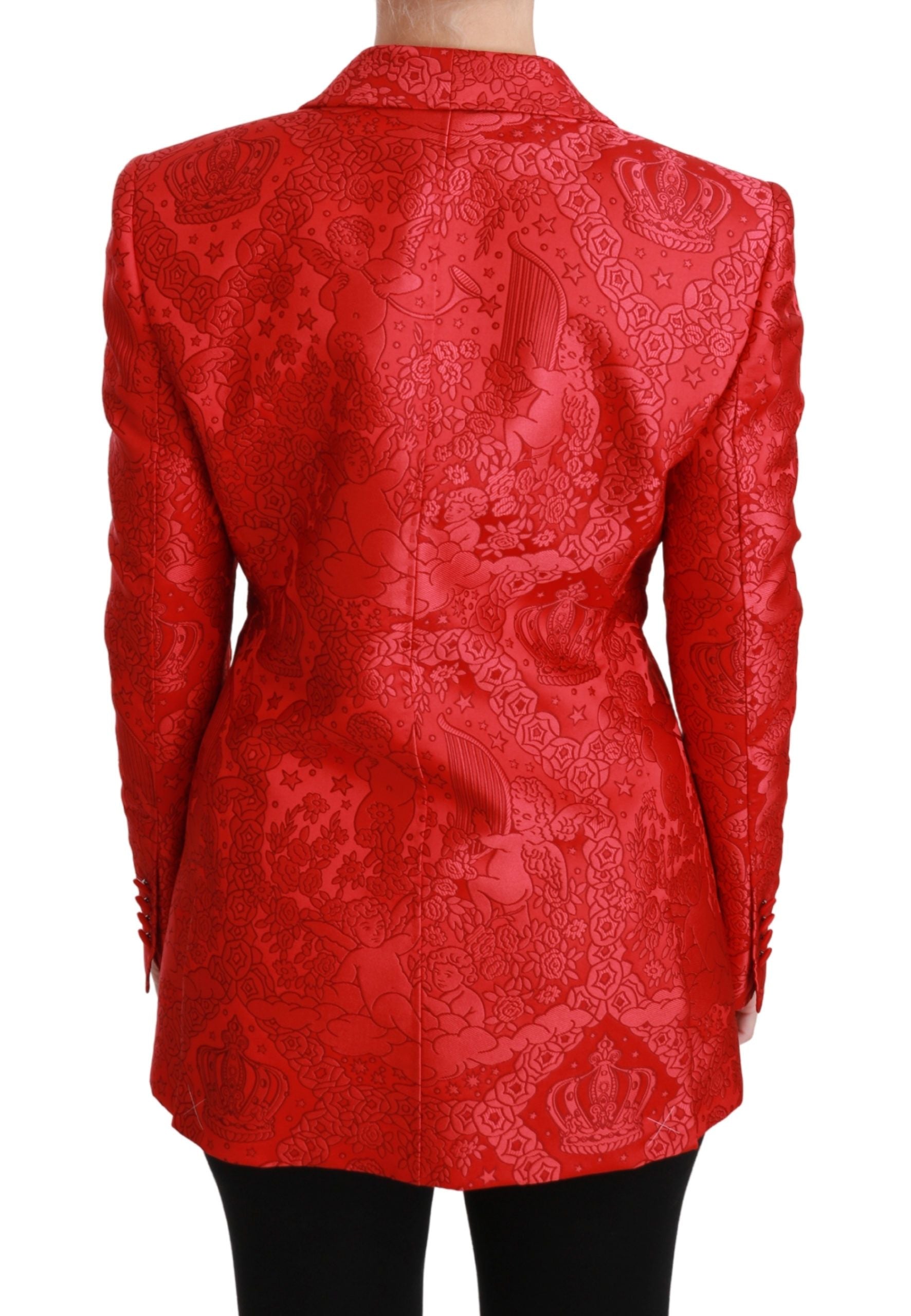 Blazer Dolce & Gabbana rouge à fleurs avec col en satin, veste élégante en tissu floral sophistiqué.