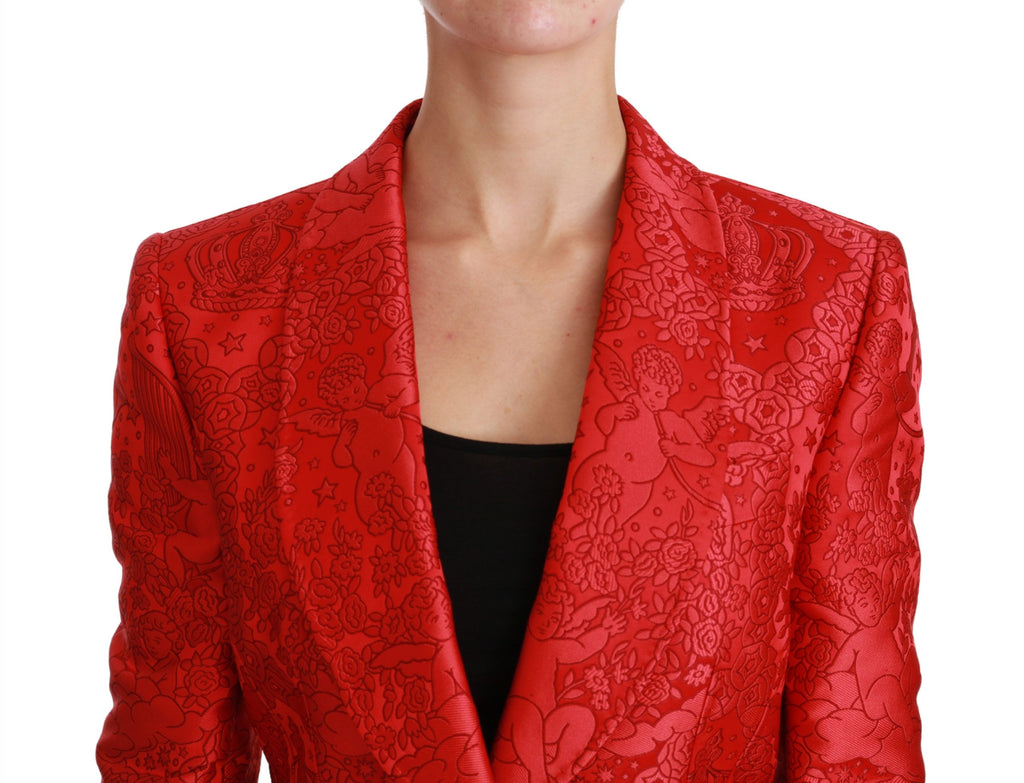 Blazer Dolce & Gabbana rouge à fleurs avec col en satin, coupe élégante et détails floraux visibles sur le manteau.